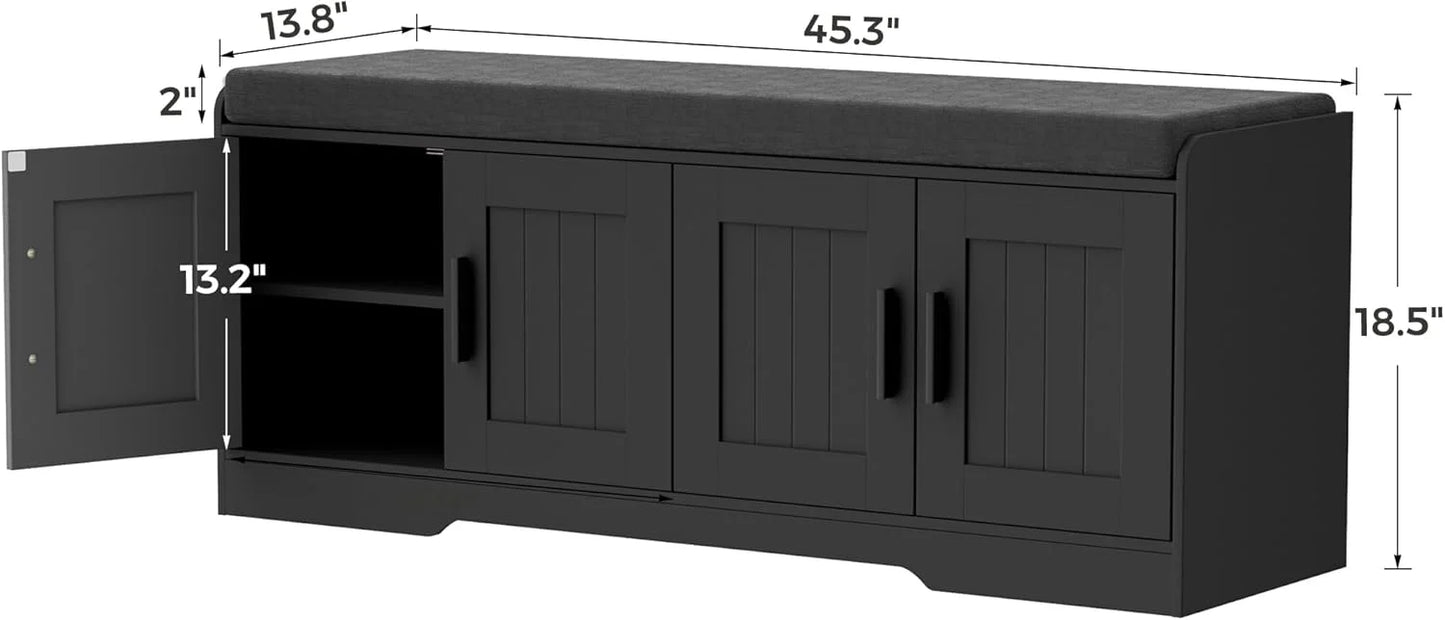 2-Tier Storage Bench, Shoe Bench with Thickened Padded Seat Cushion, Entryway Bench with 4 Doors, Adjustable Shelf