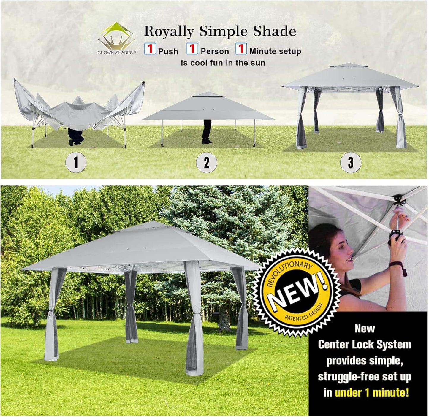 CROWN SHADES 13x13 Pop Up Gazebo, Canopy Tent, Gazebos on Clearance - Outdoor Gazebo for Backyard & Patio Furniture - Carpa Pop Up Tent with Wheeled STO-N-Go Cover Bag (White)