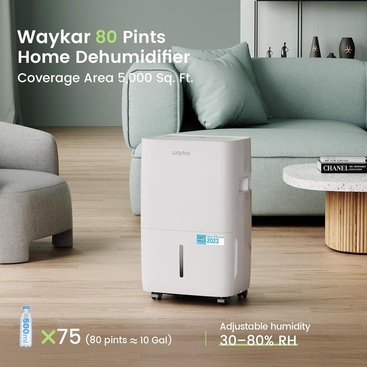 Waykar 2000 Sq. Ft Dehumidifier for Home and Basements, with Auto or Manual Drainage, 0.66 Gallon Water Tank Capacity