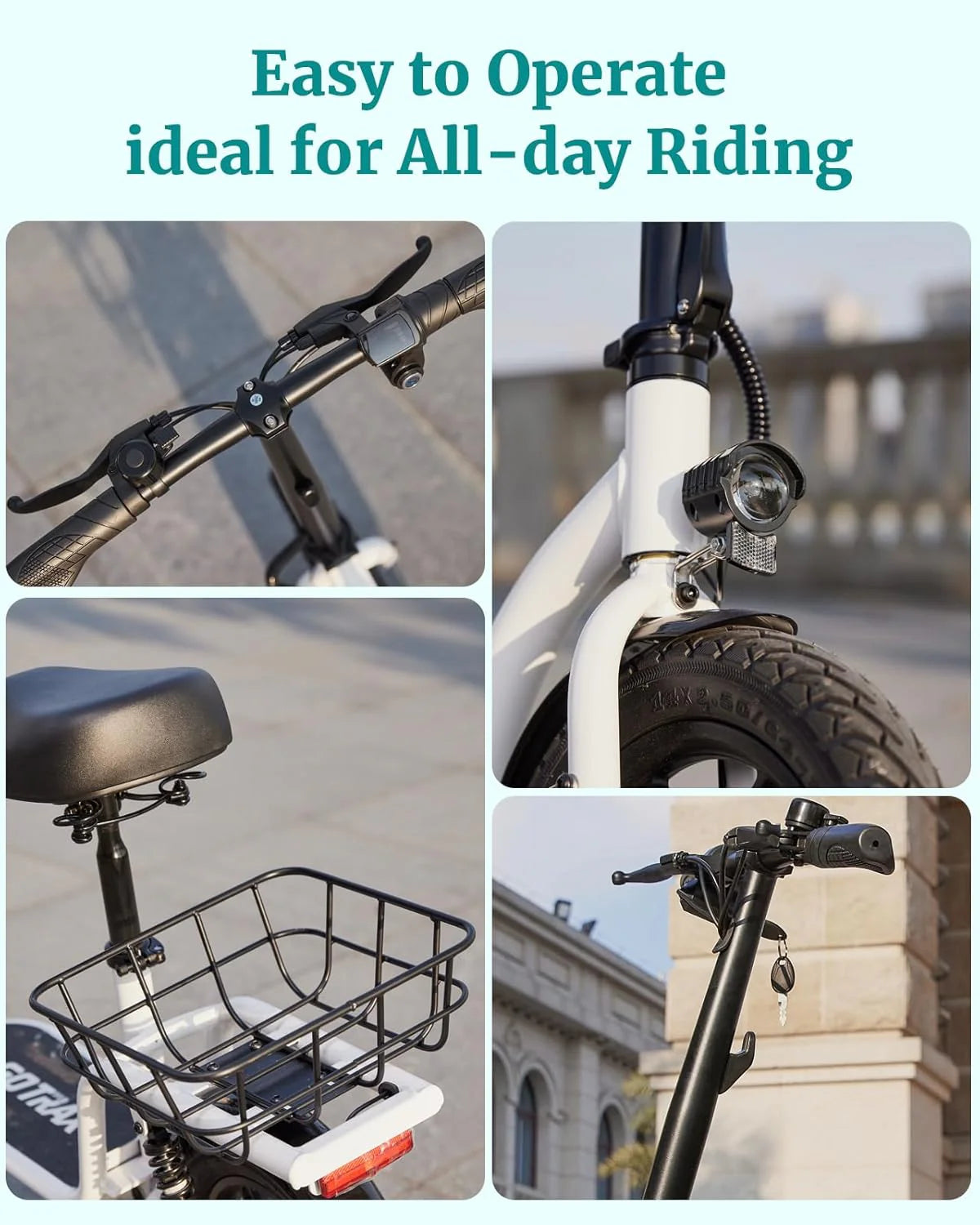 Gotrax adult electric scooter with seat, maximum range of 19-25 miles, all-terrain tires, wide pedals, padded seat, and carrycot