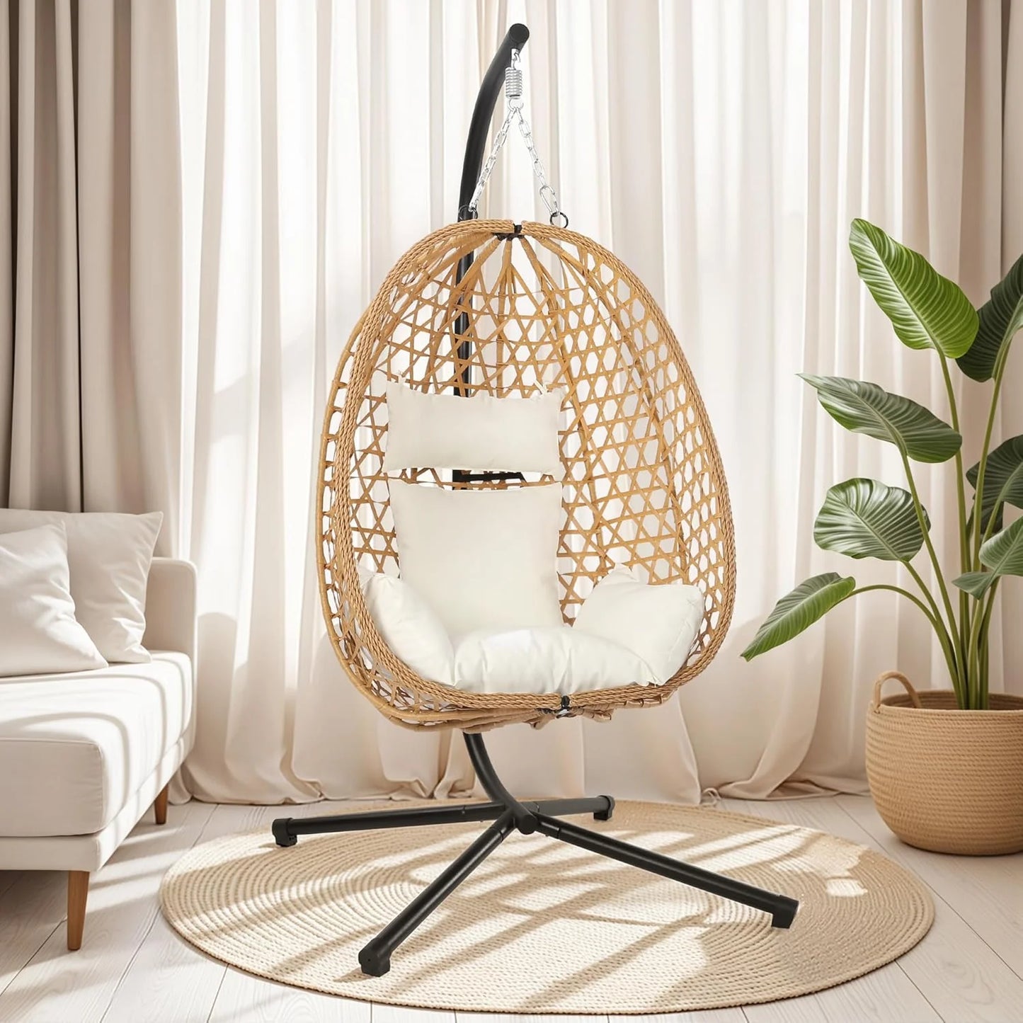 Egg Chair with Stand, Patio Wicker Hanging Chair, Hammock Swing Chair, 350LBS Capacity for Bedroom, Balcony, Garden