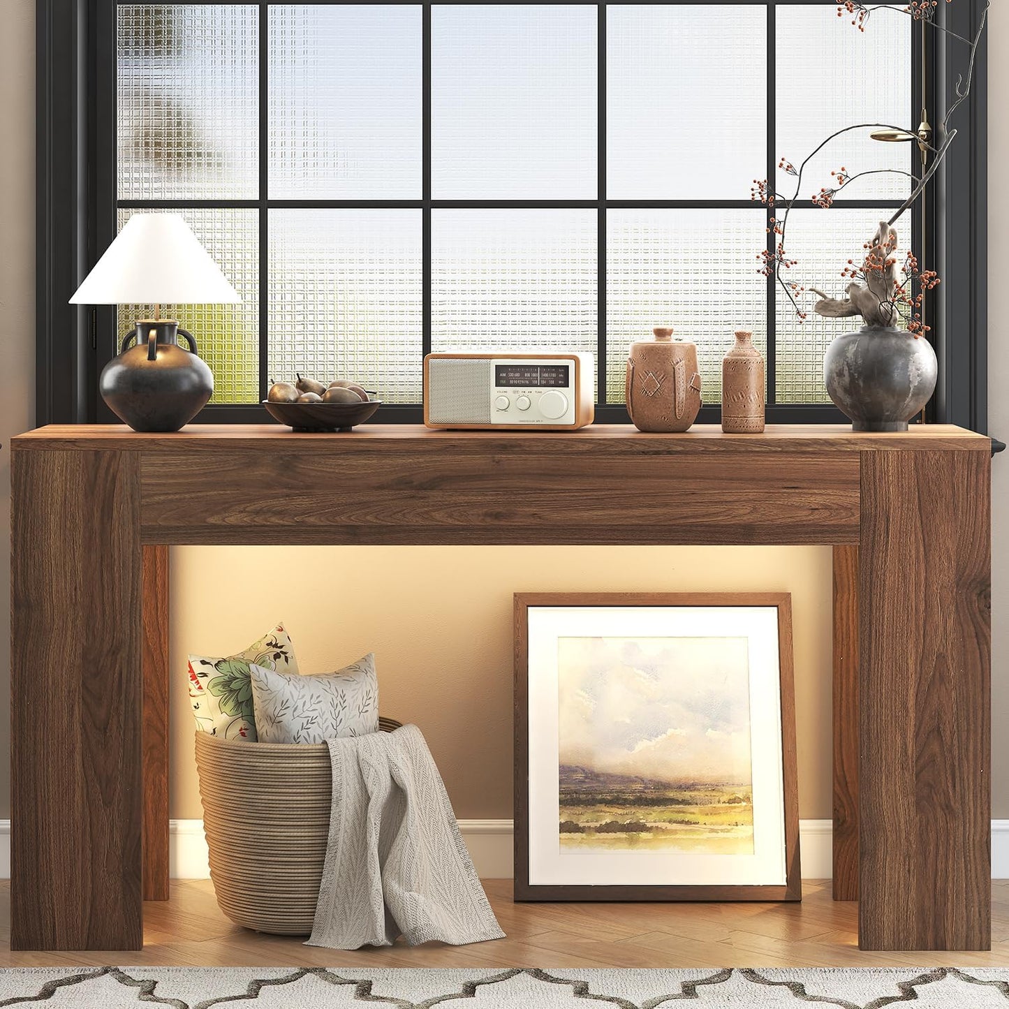 63-Inch Long Console Table with LED Light Farmhouse Sofa Table Behind Couch