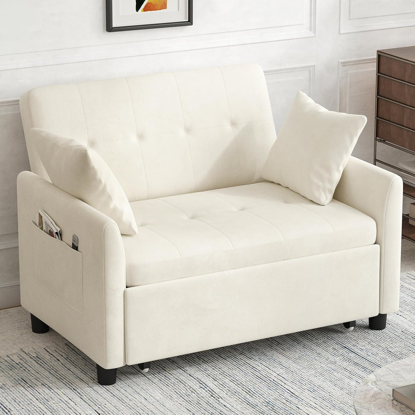 Sleeper Sofa Bed, 3 in 1 Convertible Sleeper Couch Bed Pull Out, Small Loveseat Sofa, Futon Sofa Bed Full Size, 46" Velvet Love Seat