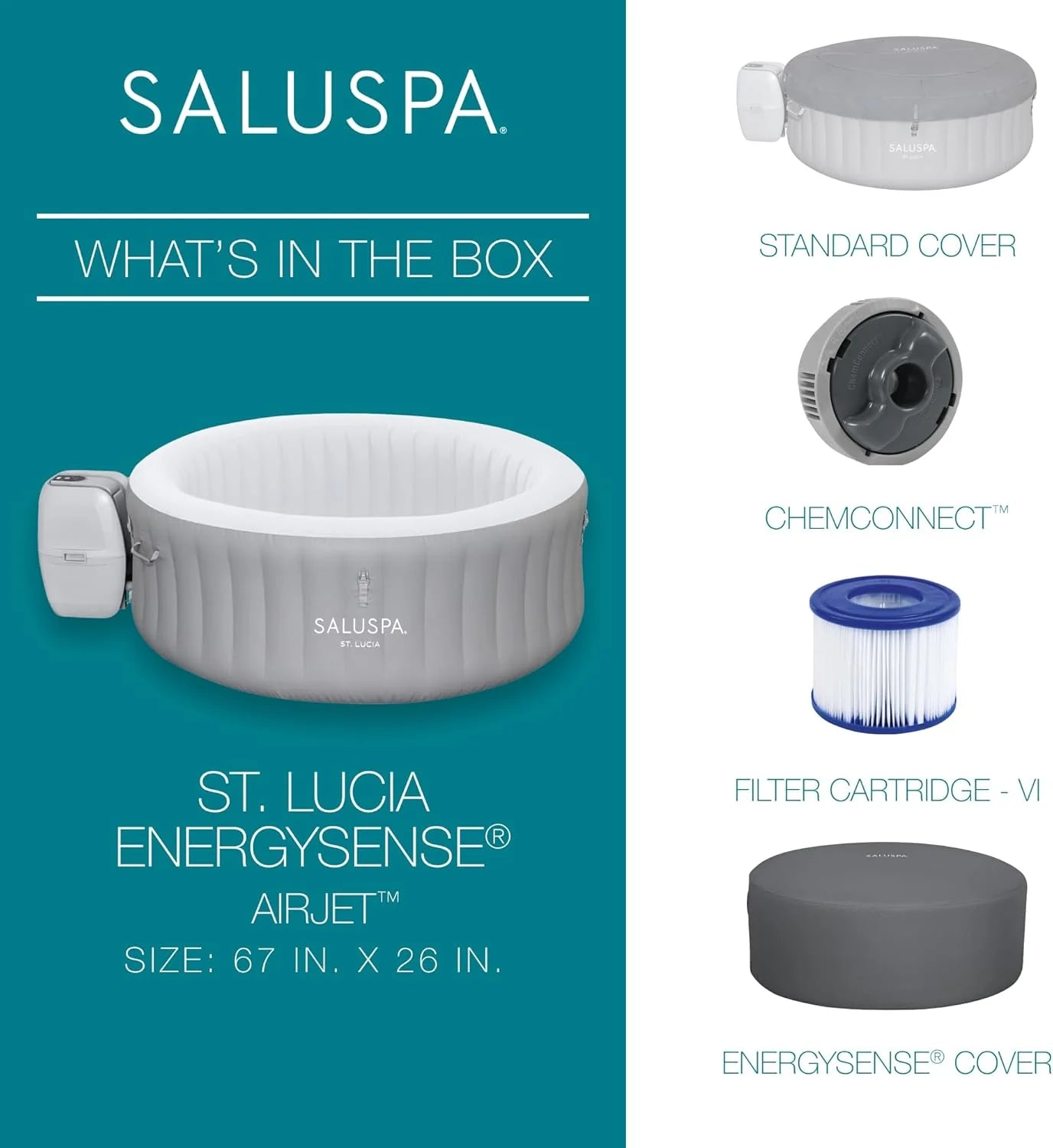 Bestway SaluSpa Miami EnergySense AirJet Inflatable Hot Tub Spa (71" x 26") | Portable Hot Tub with 2 Covers (1 Energy-Efficient Thermal Cover and 1 Standard Cover) | Fits Up to 2-4 Persons | Black