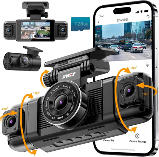 Channel Dash Cam 360° View, 1080P Front and Rear Interior, Car Left and Right Dash Cam, 8 Infrared Lights Night Vision, 5G WiFi and APP Control, G Sensor, Parking Mode, with Free 128GB SD Card
