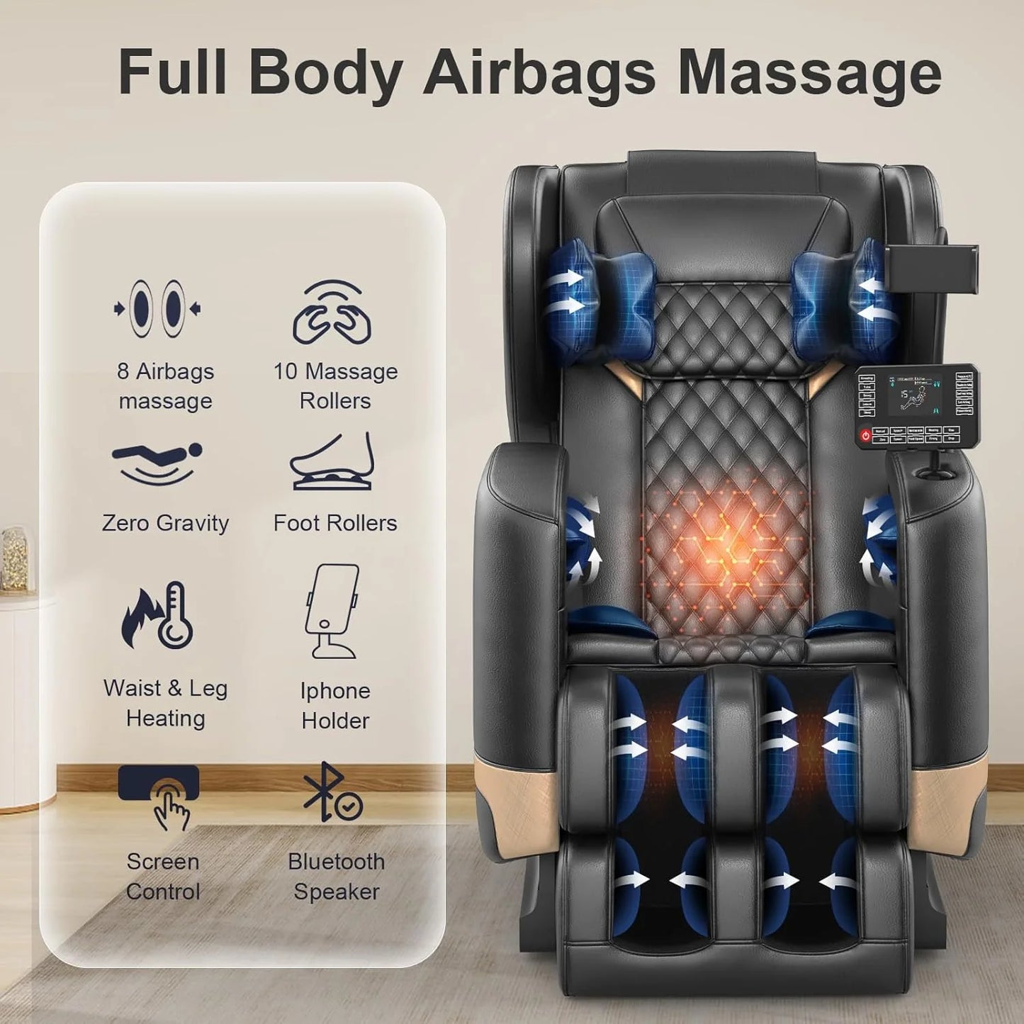 2025 Massage Chair Full Body, Zero Gravity Massage Chair with 10 Fix Rollers, Heating, Foot Massage, Auto Modes, Bluetooth Speaker, Touch Screen Controller (Black & Brown)