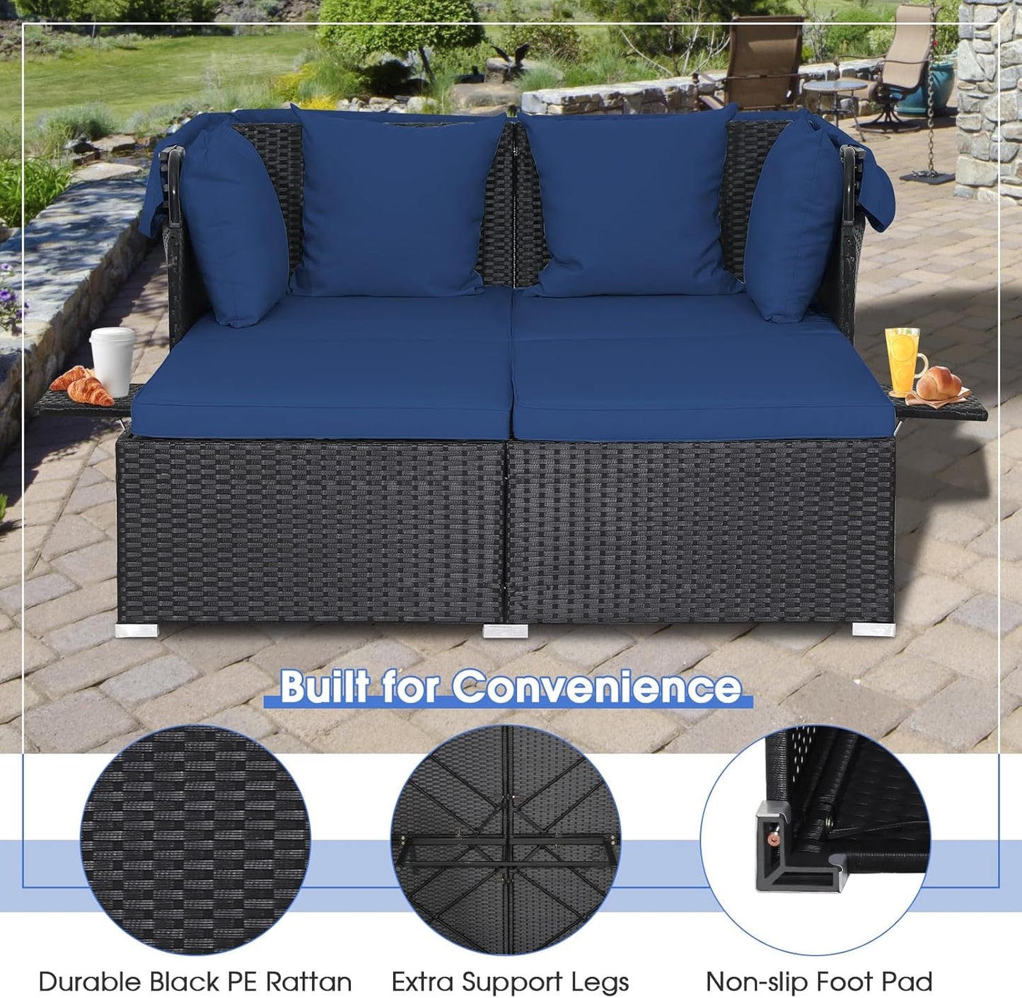 RELAX4LIFE Patio Outdoor Daybed with Canopy, Wicker Sunbed w/Cushions, 4 Pillows & 2 Retractable Side Trays, 2-Person Lounge Bed Conversation for Poolside Porch Garden, Rattan Outdoor Bed (Turquoise)