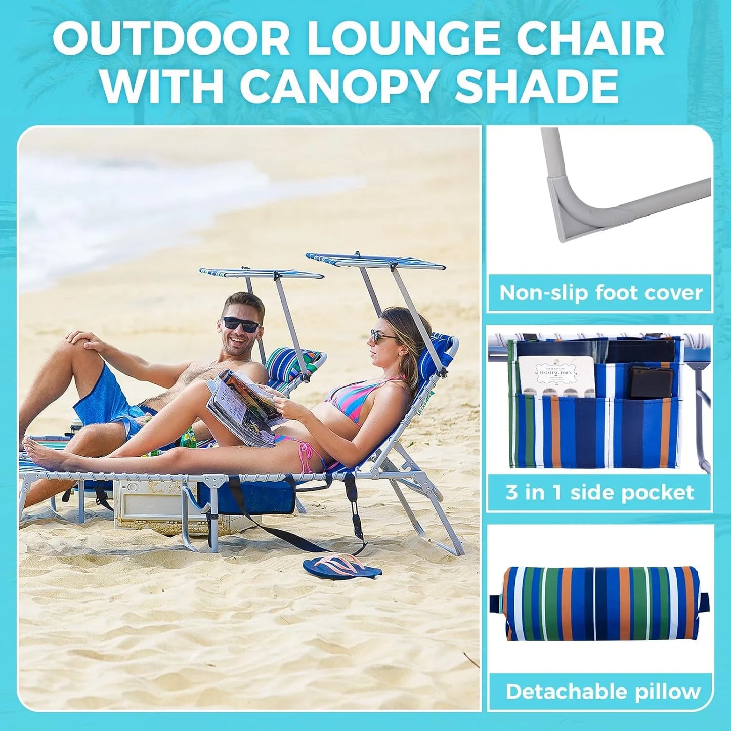 2 Pack Outdoor Chaise Lounge Chair - Portable Folding Patio Pool Lounge Chair, 5 Positions Adjustable Reclining Camping Chair with Side Table,Shoulder Strap, Pillow for Beach Sunbathing Lawn