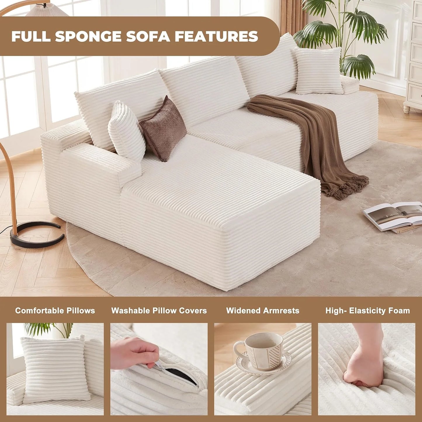 110-inch cloud sofa, boneless sofa in the living room, modular sofa with deep seats