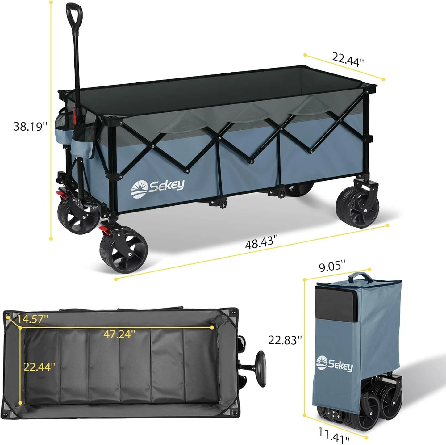 Sekey 48 Inch Long Foldable Extended Travel Cart, 440 Lbs Load Capacity, Heavy Duty 300 Liter Folding Multi-Purpose Garden Cart