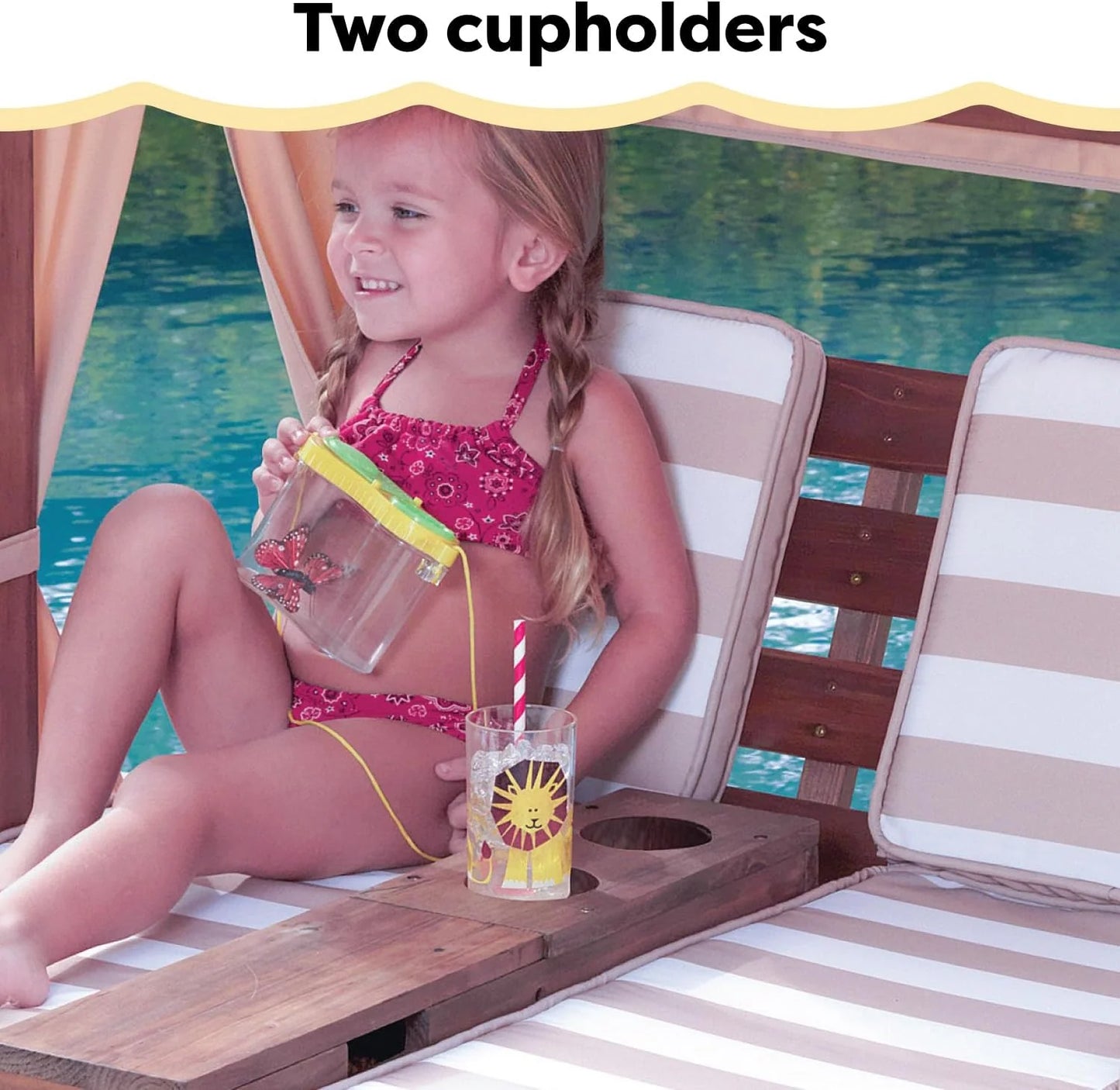 KidKraft Wooden Outdoor Double Chaise Lounge with Cup Holders, Kid's Patio Furniture, Honey with Navy and White Striped Fabric, Gift for Ages 3-8