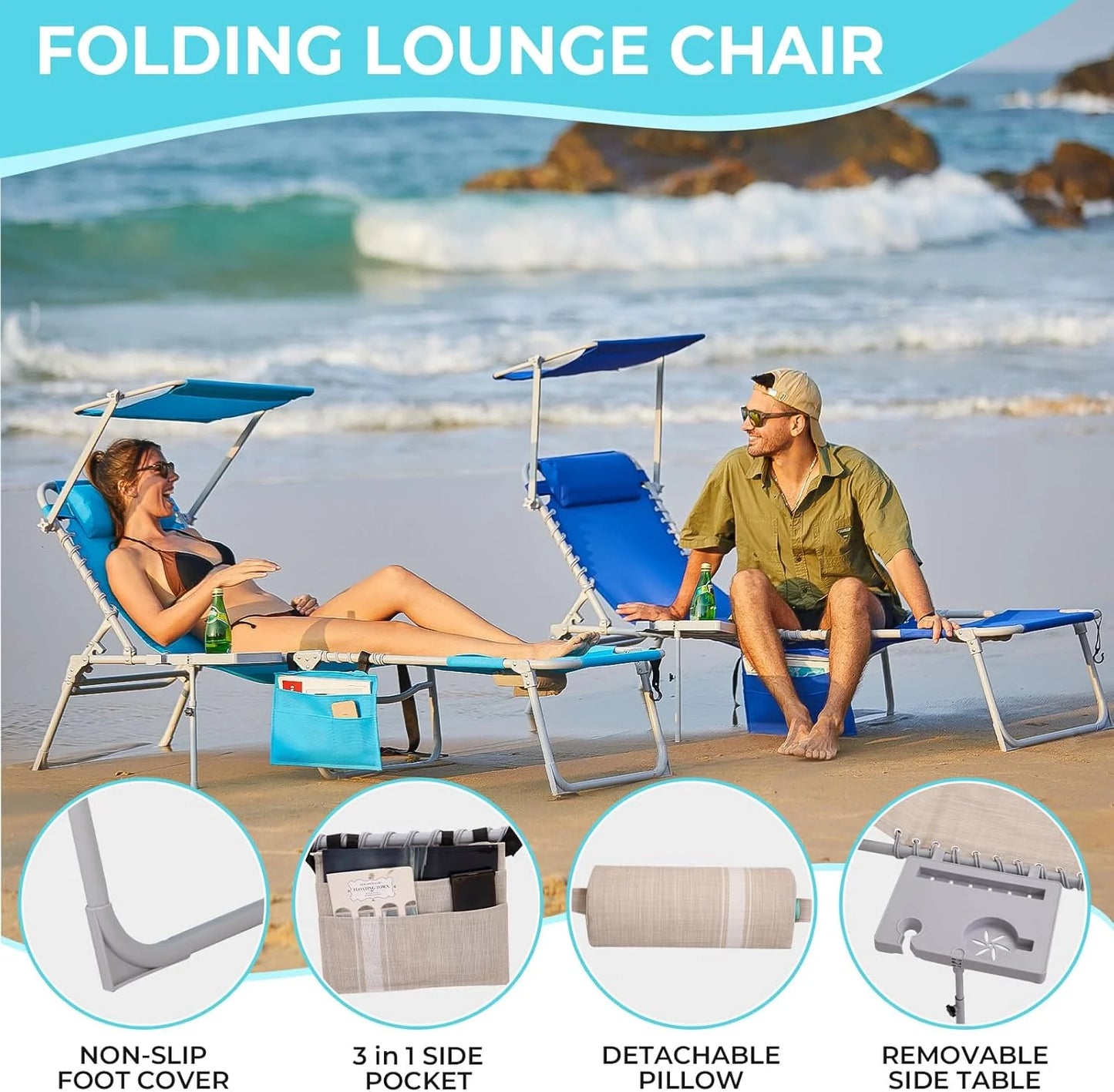 2 Pack Outdoor Chaise Lounge Chair - Portable Folding Patio Pool Lounge Chair, 5 Positions Adjustable Reclining Camping Chair with Side Table,Shoulder Strap, Pillow for Beach Sunbathing Lawn