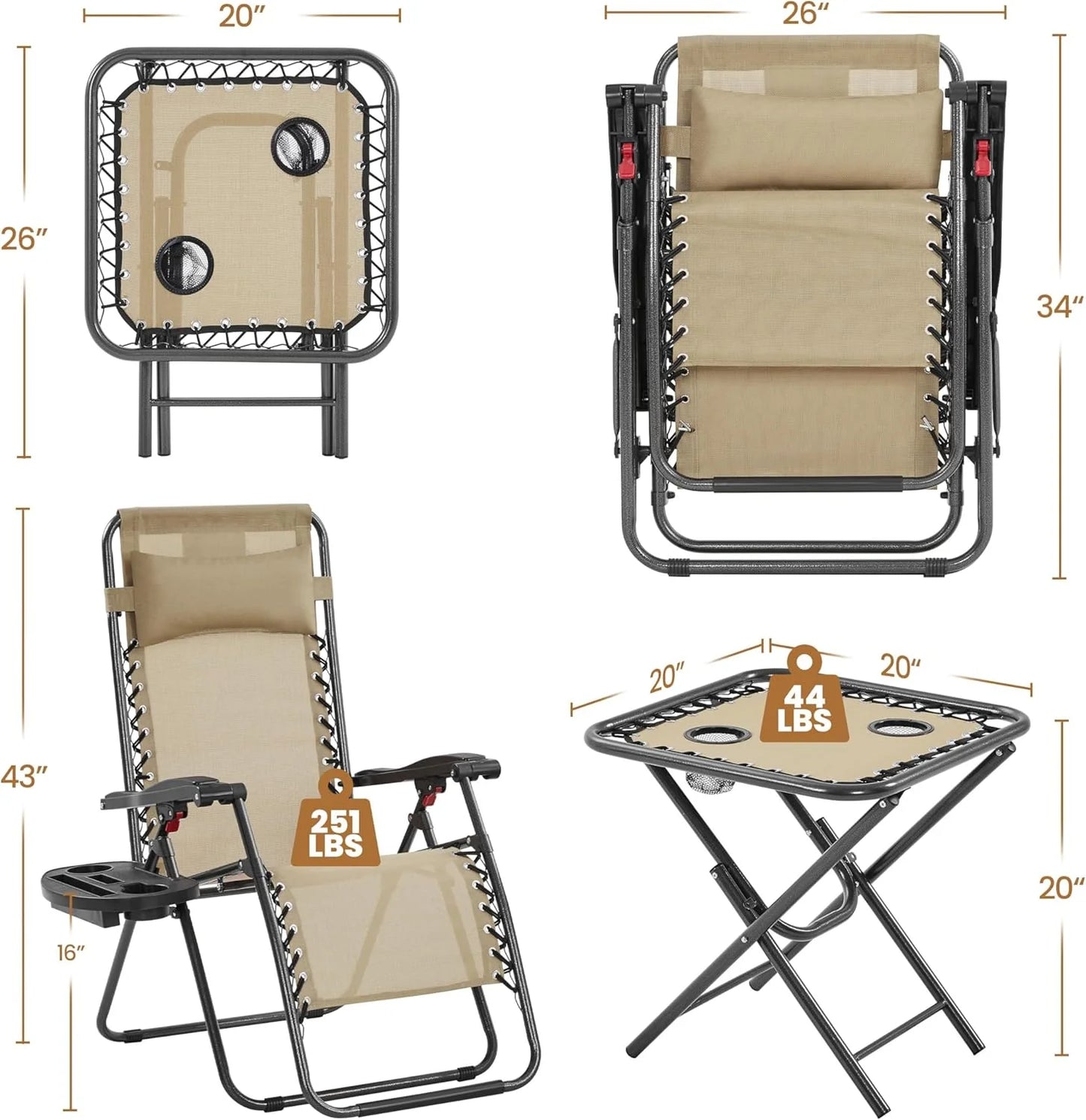 3PCS Zero Gravity Recliner Portable Outdoor Reclining Chair Set w/Side Table Folding Chaise Lounge Chairs