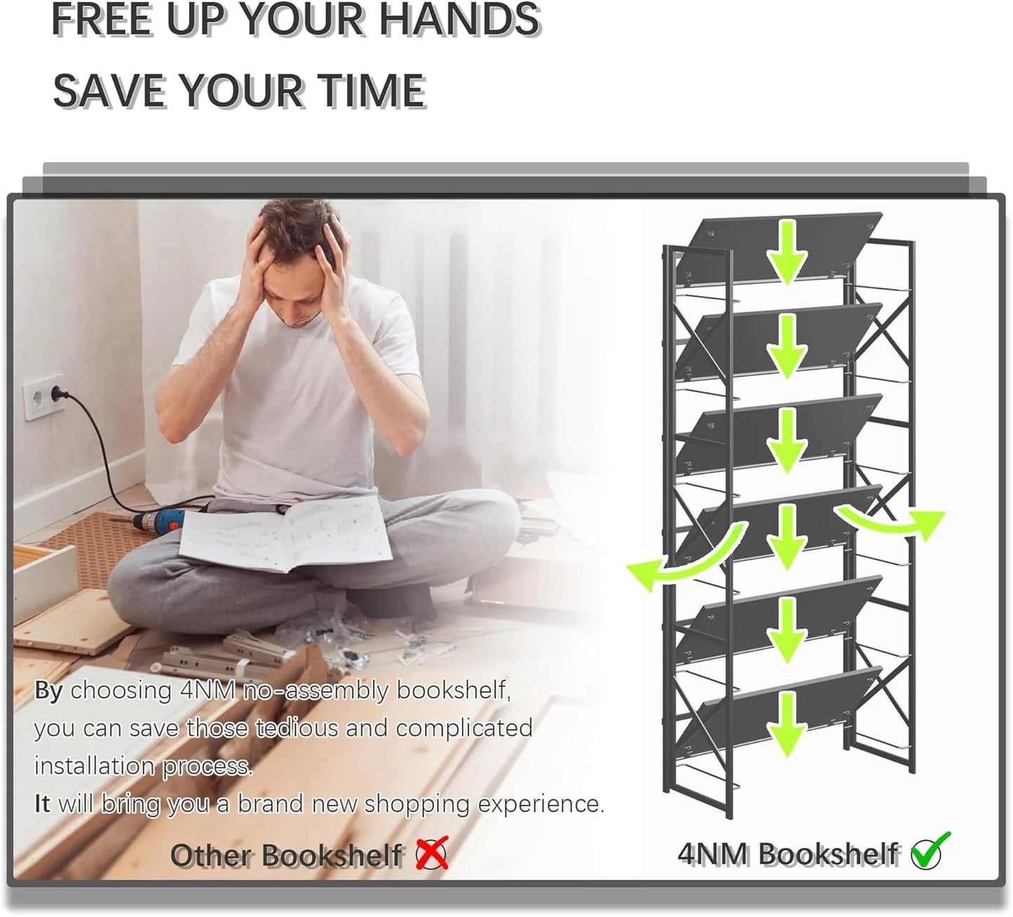 5 Tiers No Assembly Book Shelves 51.2" H Folding Bookshelf Bookcase