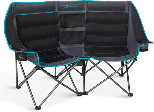 Double Camping Chair with Cooler 3-Person Folding Extra Large Camping Chair with 1000-Pound Load Capacity