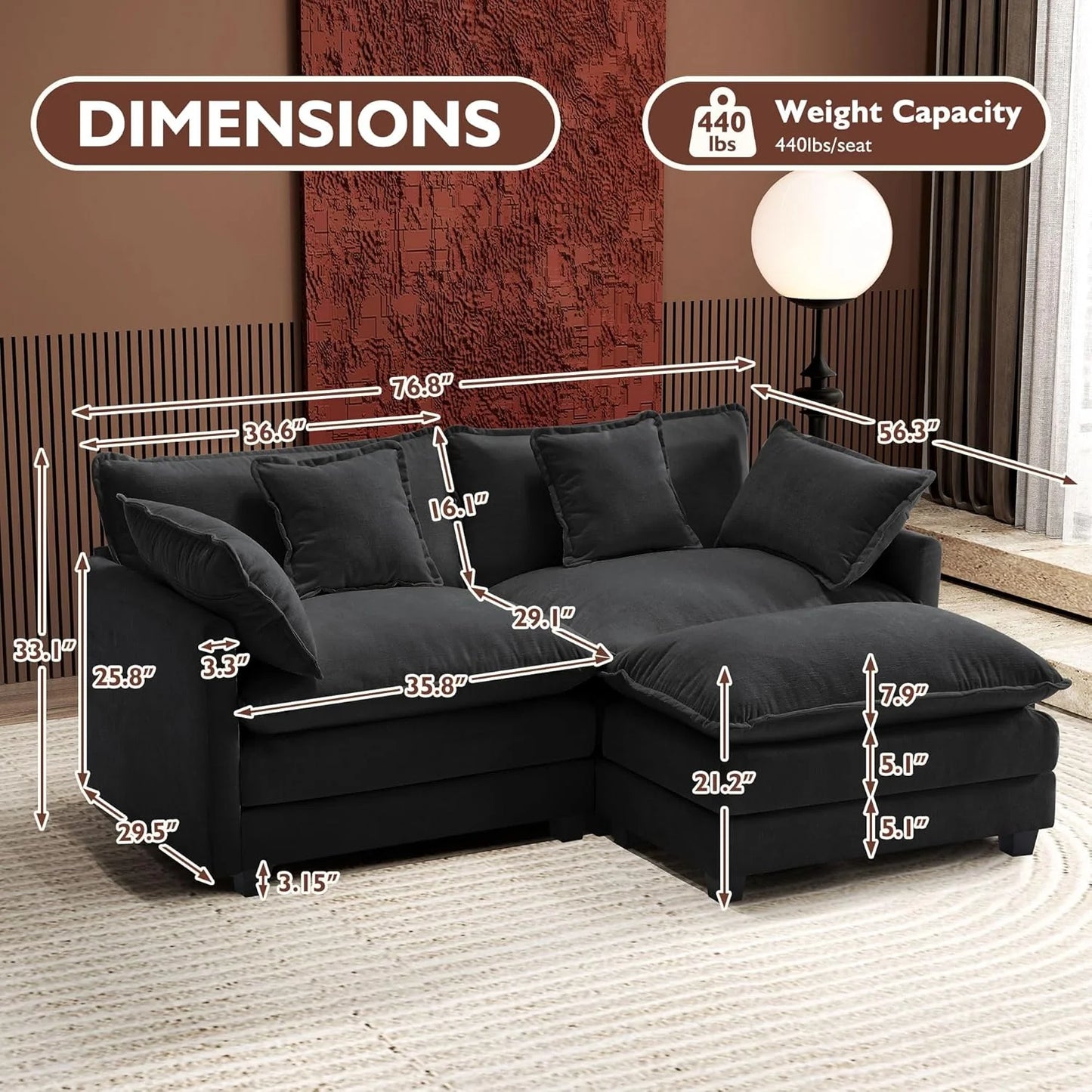 ihanherry 146-inch U-shaped modern sofa modular area cloud sofa