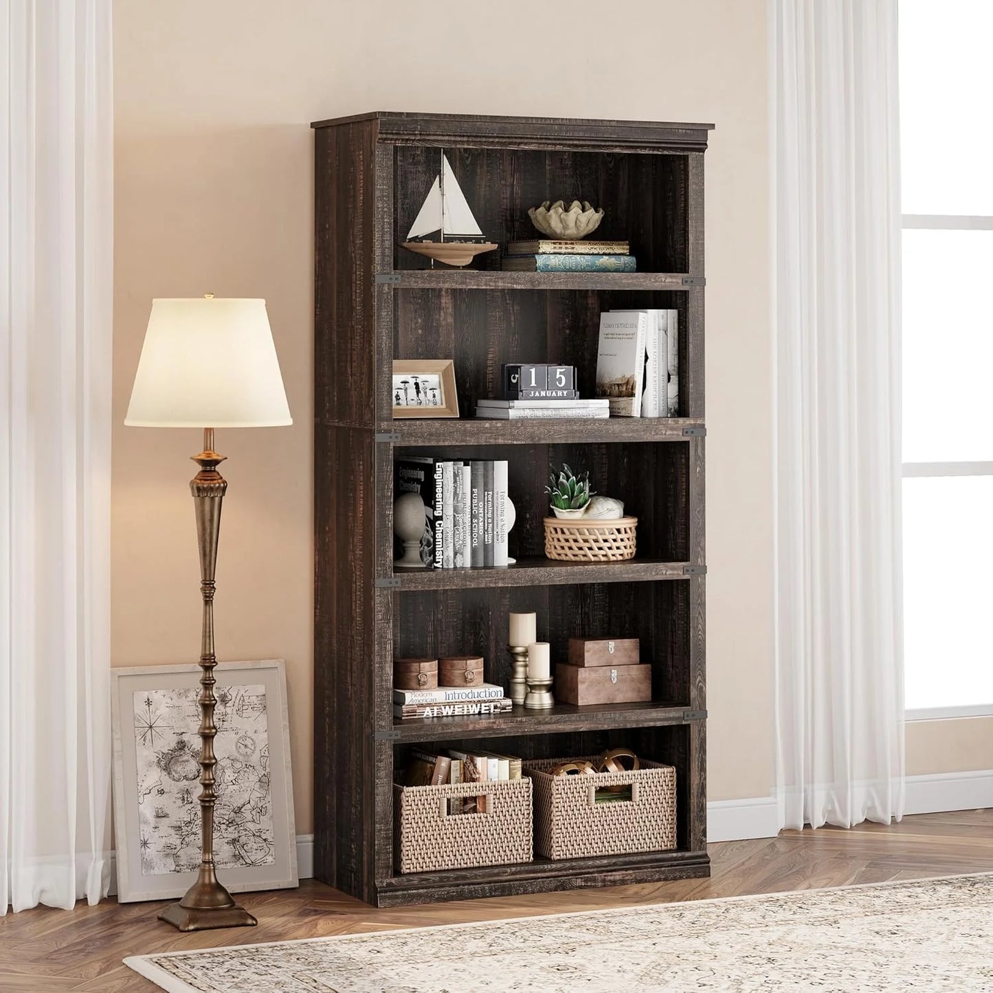 5 Tier Bookcase Farmhouse Book Shelf with Storage Open Display Bookshelves