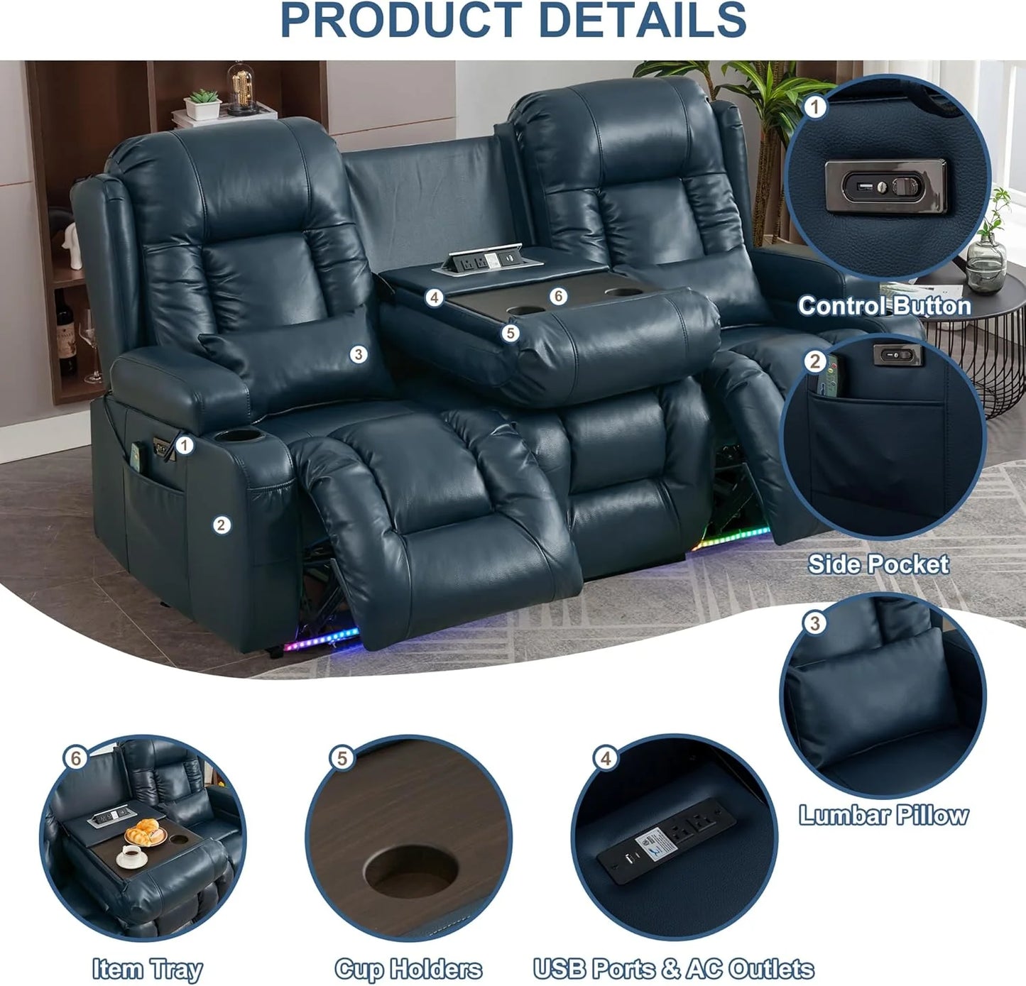 TUNYI Power Loveseat Recliner Sofa with Massage & Heat Home Theater Seating with Console Electric Recliner RV Sofa with USB/Outlet/Storage/Side Pocket/LED Light/Speaker (Brown, Loveseat)
