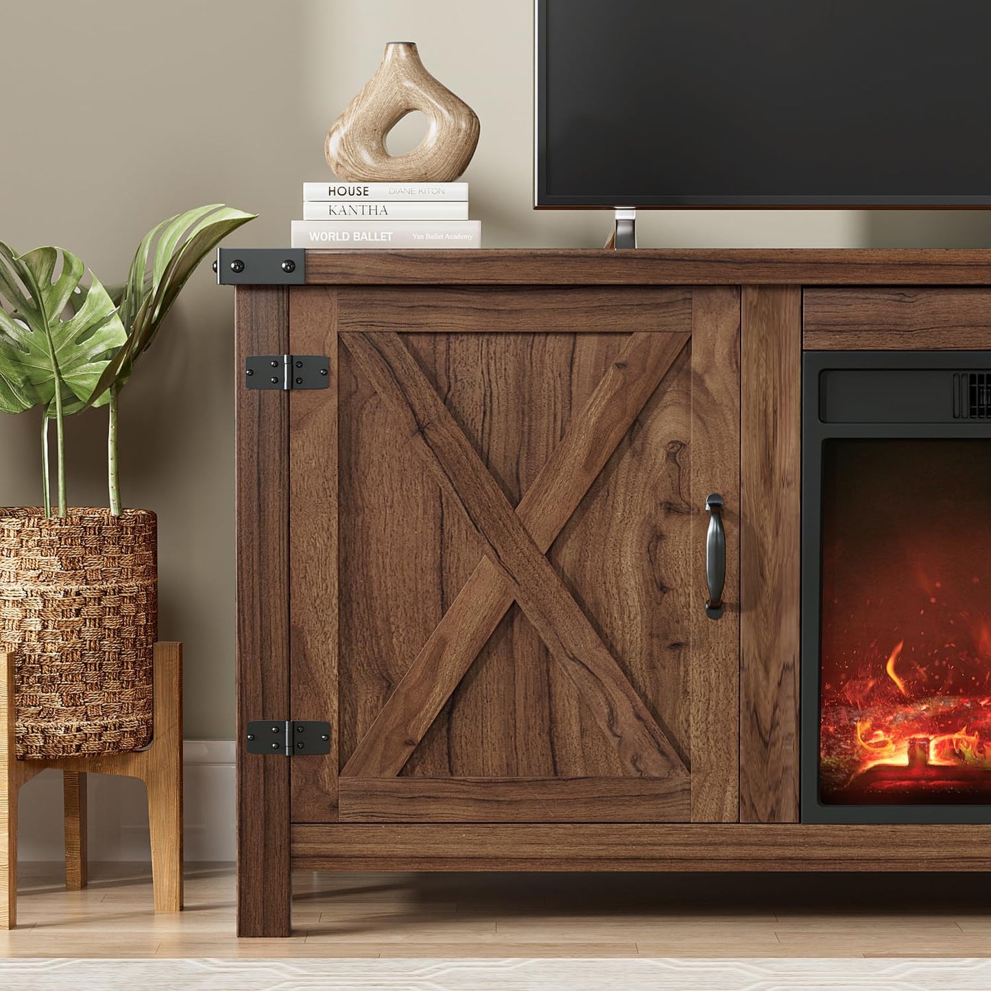 YESHOMY Fireplace TV Stand with Two Barn Doors and Storage Cabinets for Televisions up to 65+ Inch, Entertainment Center Console Table, Media Furniture for Living Room, 58 Inch