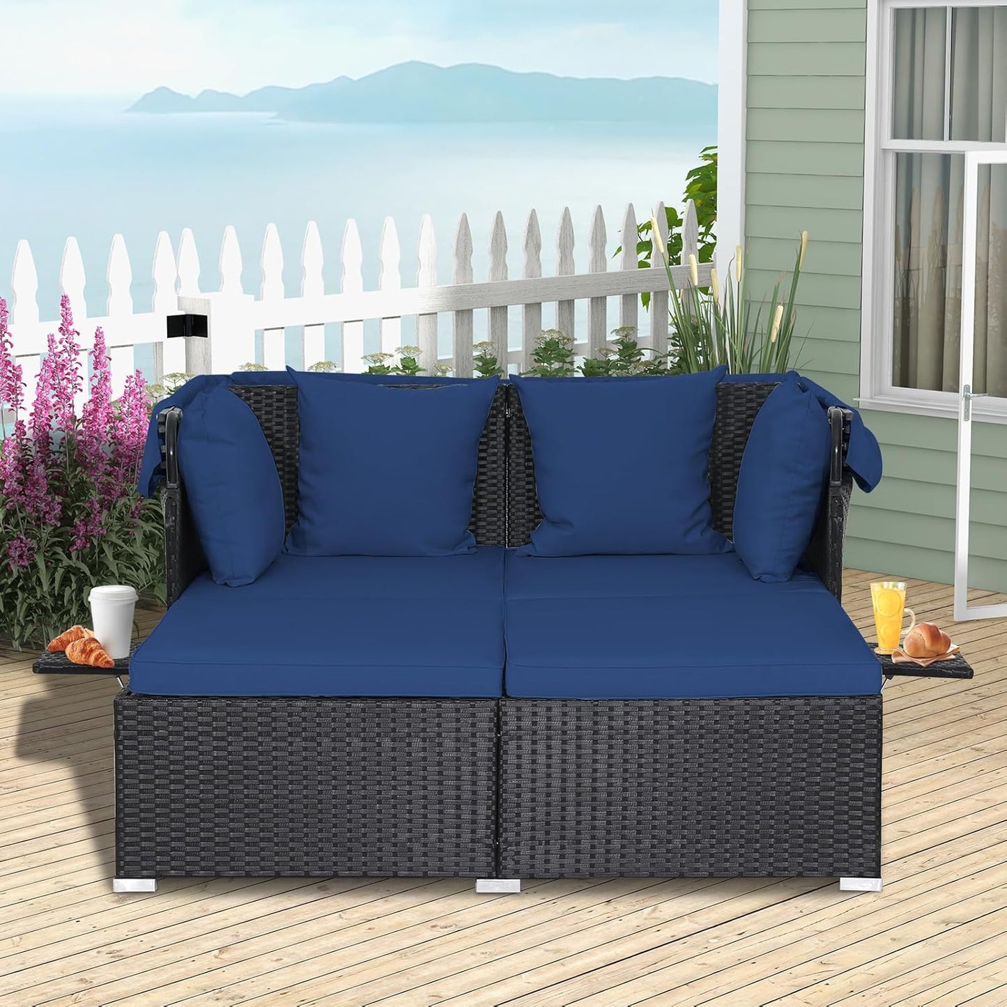RELAX4LIFE Patio Outdoor Daybed with Canopy, Wicker Sunbed w/Cushions, 4 Pillows & 2 Retractable Side Trays, 2-Person Lounge Bed Conversation for Poolside Porch Garden, Rattan Outdoor Bed (Turquoise)