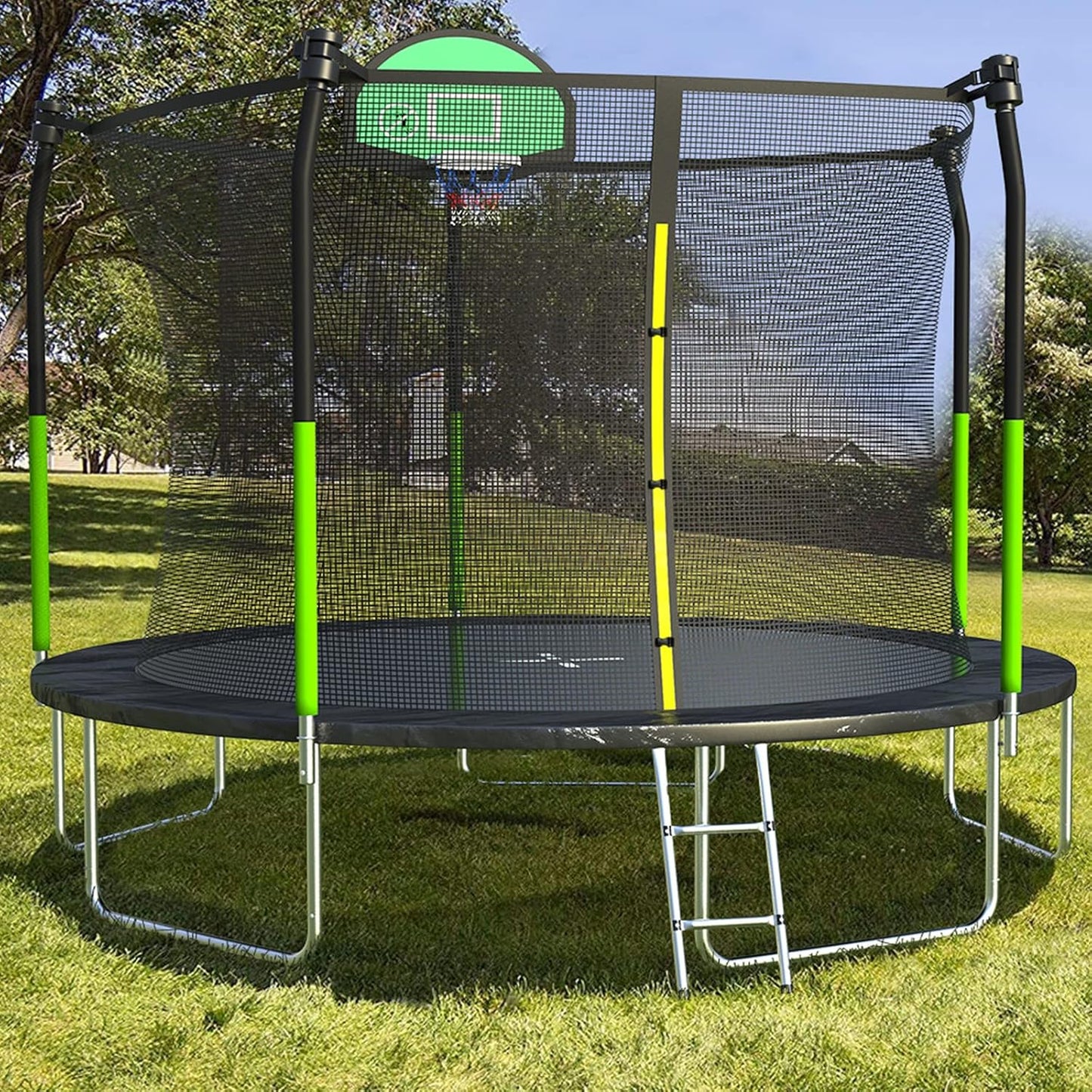 AOTOB 8FT 10FT 12FT 14 FT 15FT Trampoline with Safety Enclosure Net，Outdoor Trampoline with Basketball Hoop, Heavy Duty Jumping Mat and Spring Cover Padding for Kids and Adults, Storage Bag and Ladder