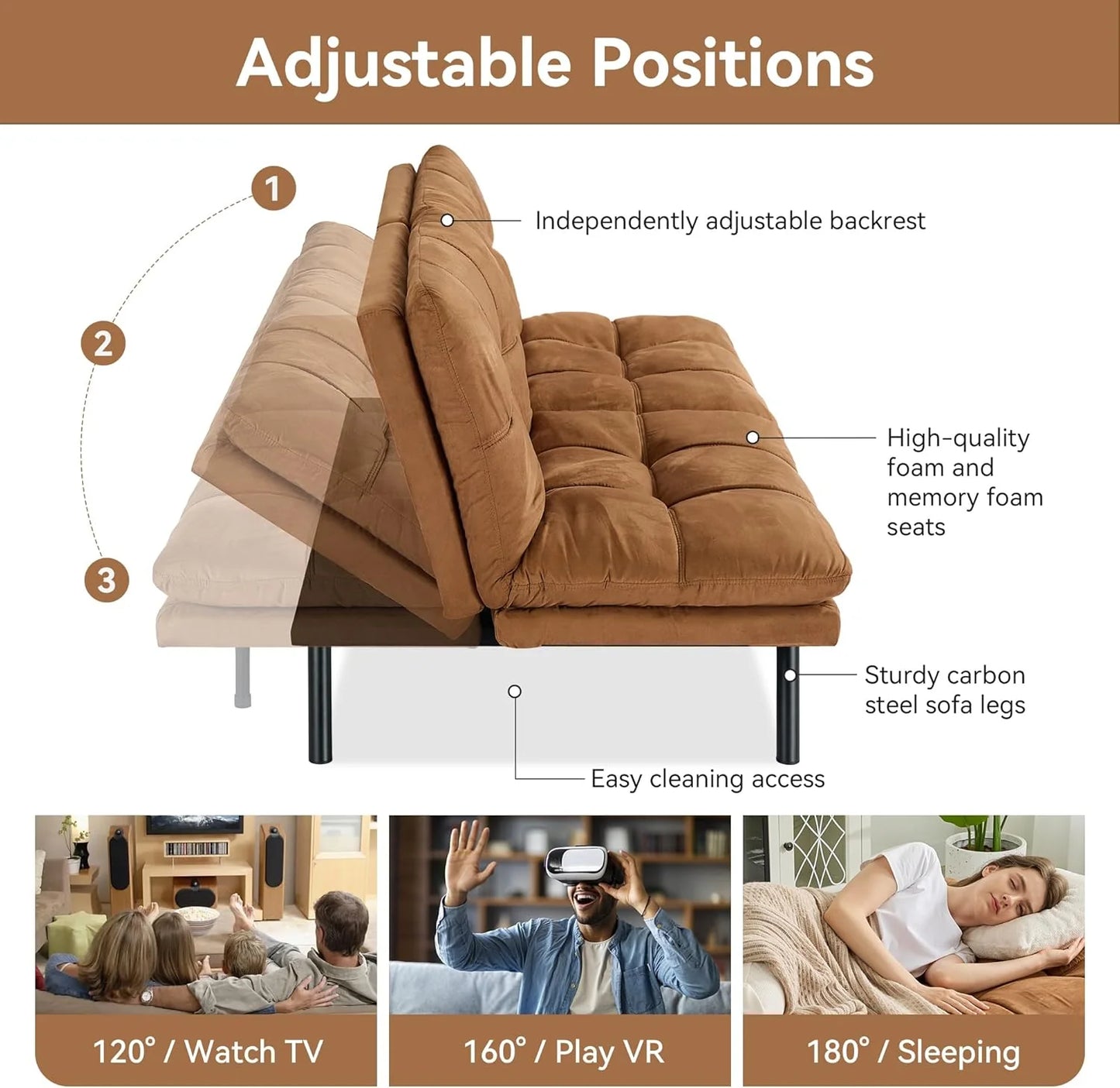 Brown loveseat, convertible sofa memory foam futon sofa bed modern sleeper sofa