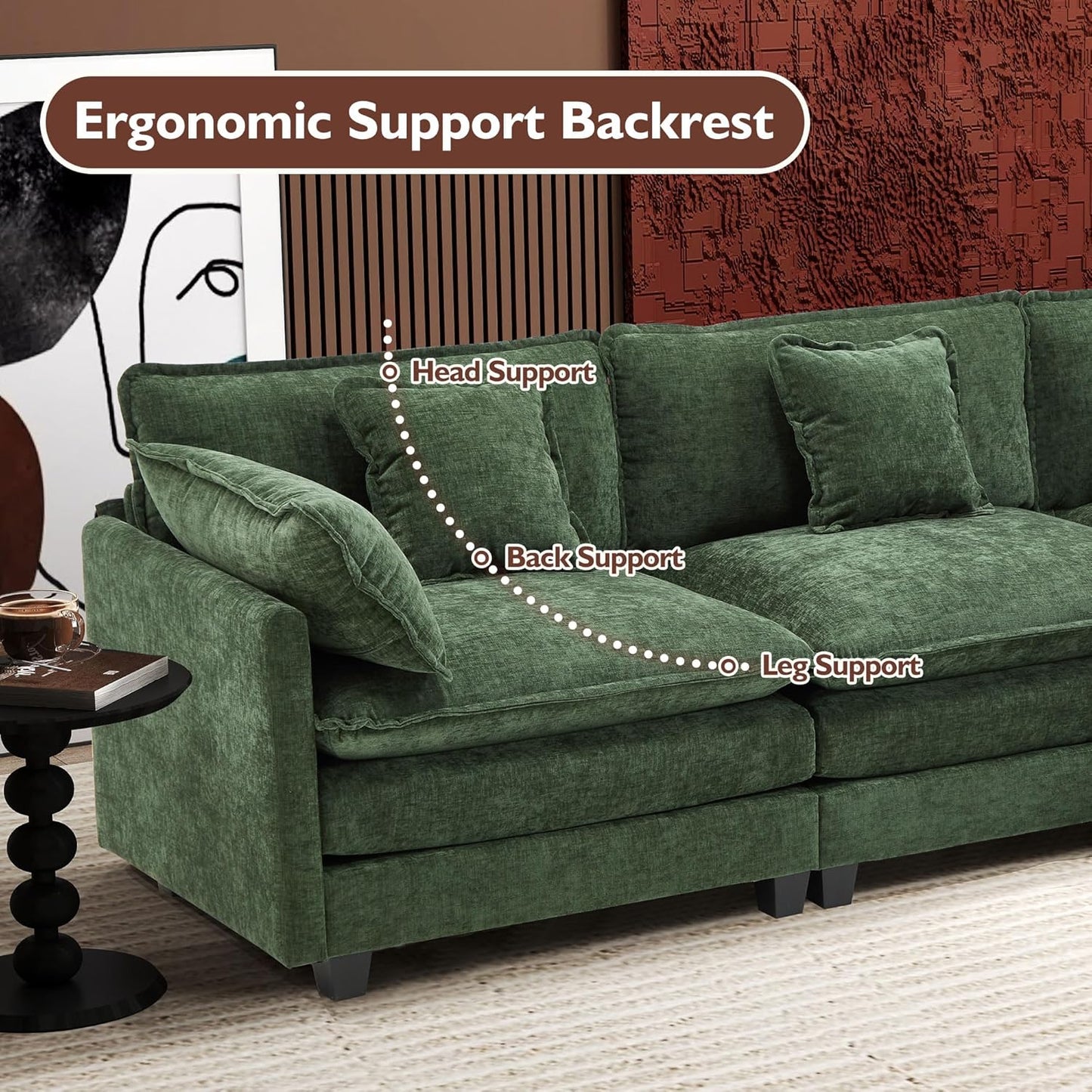 111.4 Inch L-Shaped Modern Sofa Modular Cloud Sofa with Ottoman, 4-Seater Chenille Deep Seat Sofa with Pillows for Living Room, Bedroom and Apartment, Beige