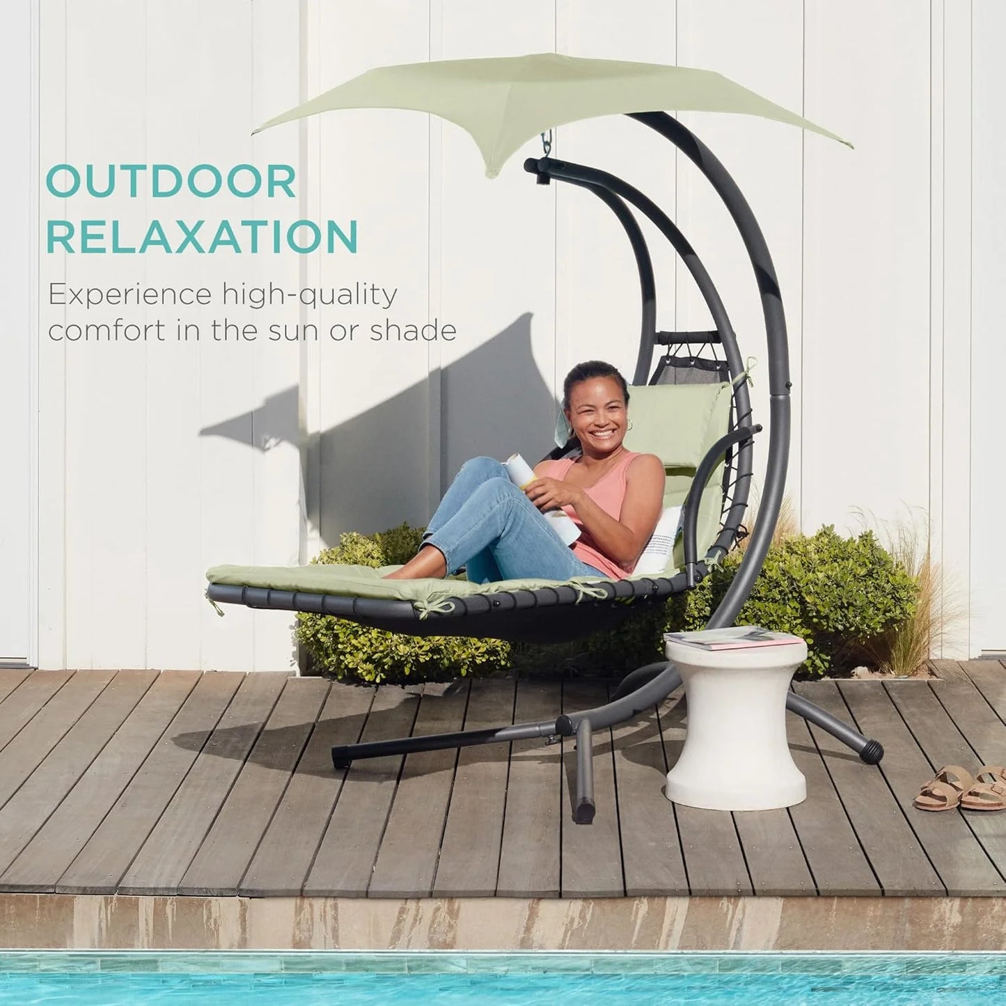 Best Choice Products Outdoor Hanging Curved Steel Chaise Lounge Chair Swing w/Built-in Pillow and Removable Canopy - Charcoal Gray