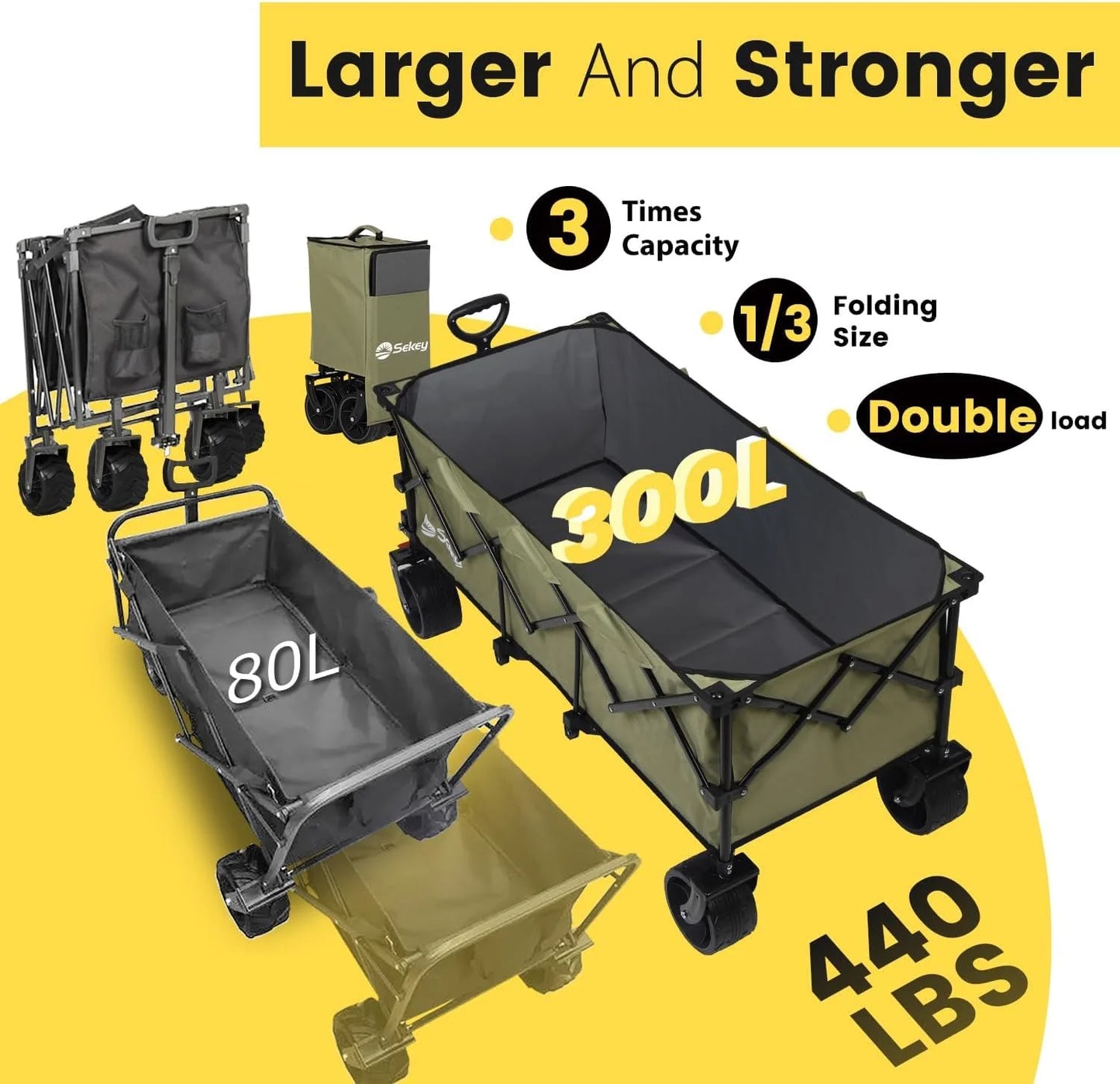 Sekey 48 Inch Long Foldable Extended Travel Cart, 440 Lbs Load Capacity, Heavy Duty 300 Liter Folding Multi-Purpose Garden Cart
