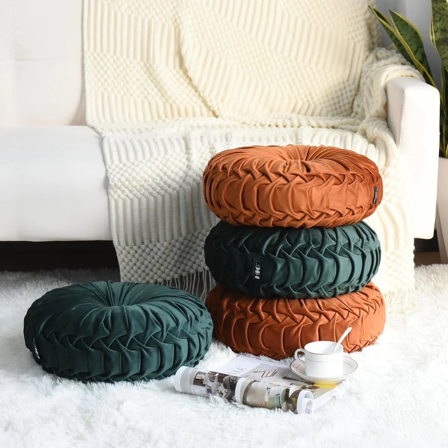 Set of 2 Decorative Round Pleated Throw Pillows