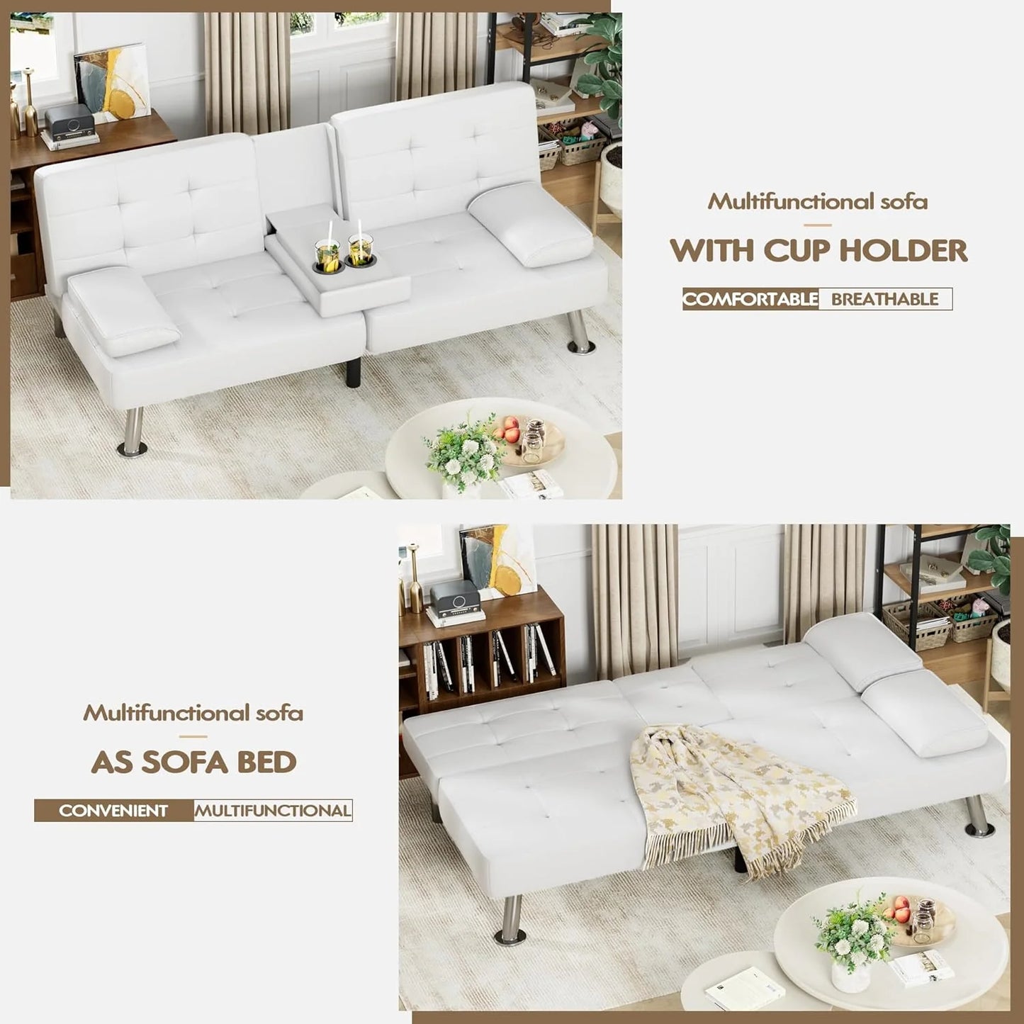 Homall Futon Sofa Bed, Leather Futon Couch with Removable Armrests, Adjustable Recliner Sleeper Sofa Bed with Dual Cup Holders for Living Room, Apartment