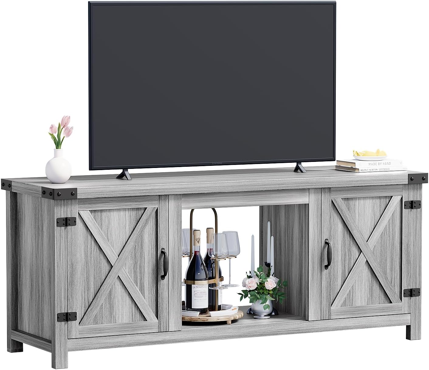 YESHOMY Fireplace TV Stand with Two Barn Doors and Storage Cabinets for Televisions up to 65+ Inch, Entertainment Center Console Table, Media Furniture for Living Room, 58 Inch