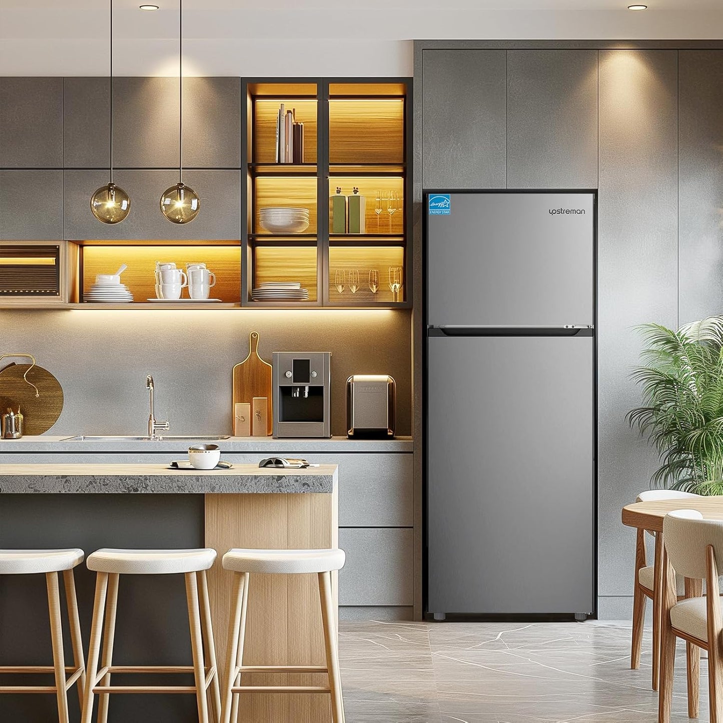 Upstreman 7.7 Cu.Ft. Refrigerator with Freezer, Double Door, Adjustable Thermostat, Large Capacity, Reversible Door Swing, Refrigerator for Apartment, Office, Dorm, Stainless (BD75)