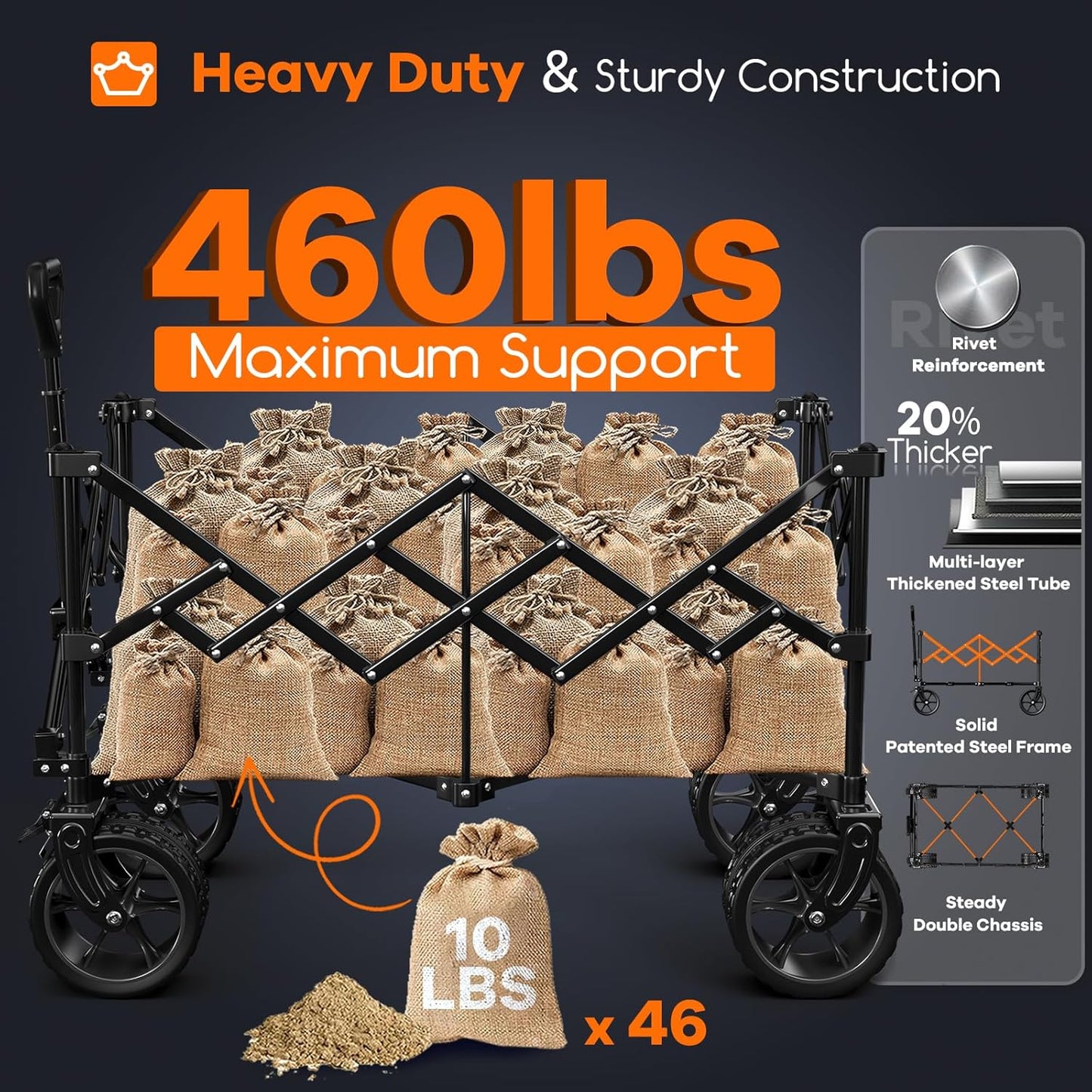 38" long foldable four-wheel stroller, foldable, 460 lb capacity, 220 liter heavy-duty folding beach stroller with large all-terrain tires