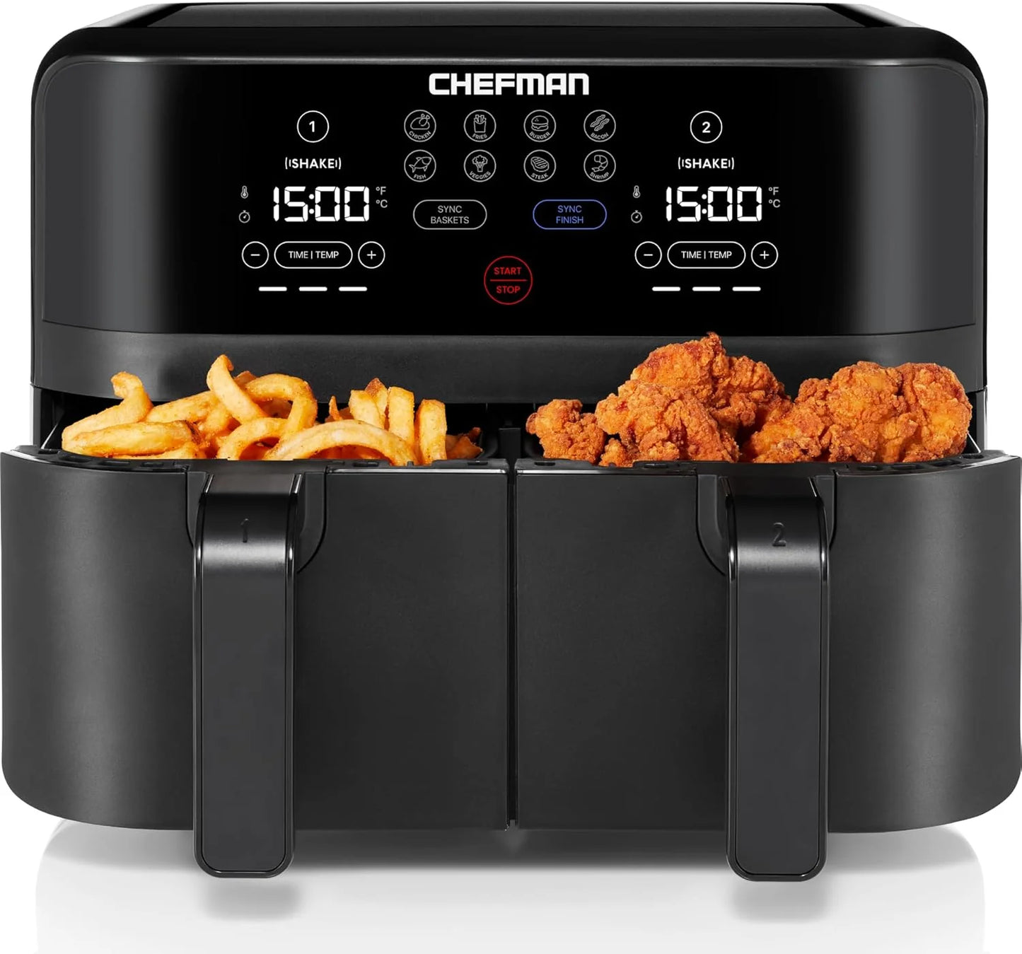 Chefman 6-Quart Dual Basket Air Fryer - Digital Touchscreen, Smart Sync Finish, High-Frying, Auto-Off, 2 Independent 3-Quart Nonstick Pans, Dishwasher-Safe Baskets
