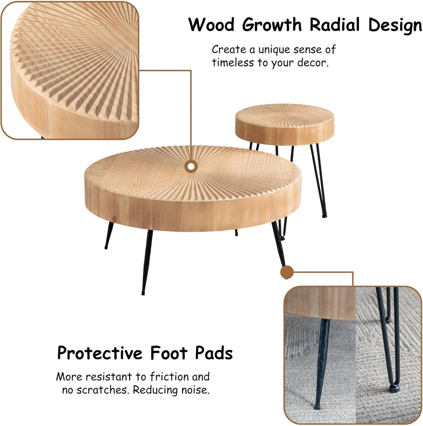 Two-Piece Modern Farmhouse Living Room Coffee Table Set, Round Nesting Tables