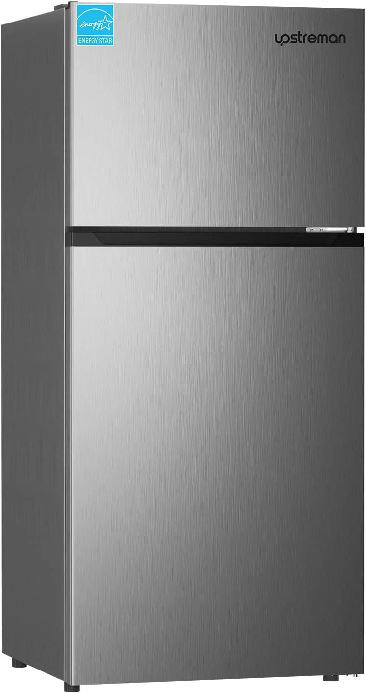 Upstreman 7.7 Cu.Ft. Refrigerator with Freezer, Double Door, Adjustable Thermostat, Large Capacity, Reversible Door Swing, Refrigerator for Apartment, Office, Dorm, Stainless (BD75)