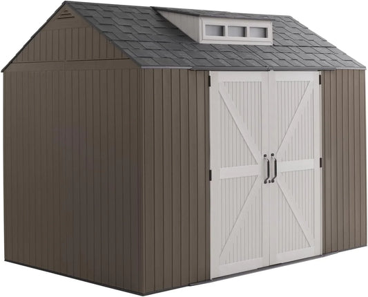 Rubbermaid Resin Outdoor Storage Shed With Floor (7 x 7 Ft) Weather Resistant Gray Organization for Home/Backyard/Garden Tools/Lawn Mower/Bike Storage/Pool Supplies