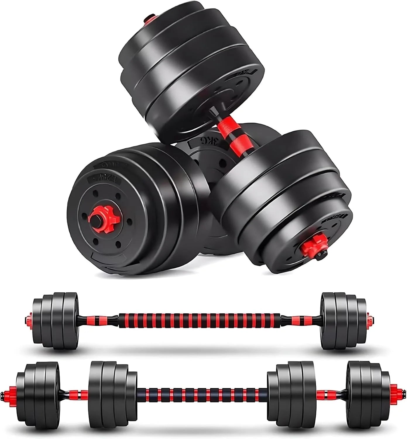 Adjustable dumbbell set, free weight dumbbell pair convertible into barbell