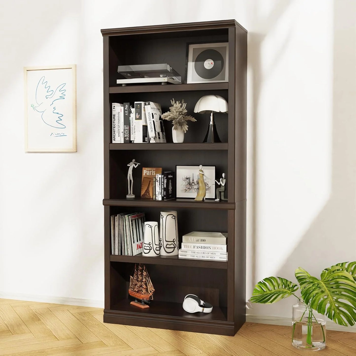 70-Inch Tall White Bookcase 5 Tiers Shelves Open Storage Bookshelf