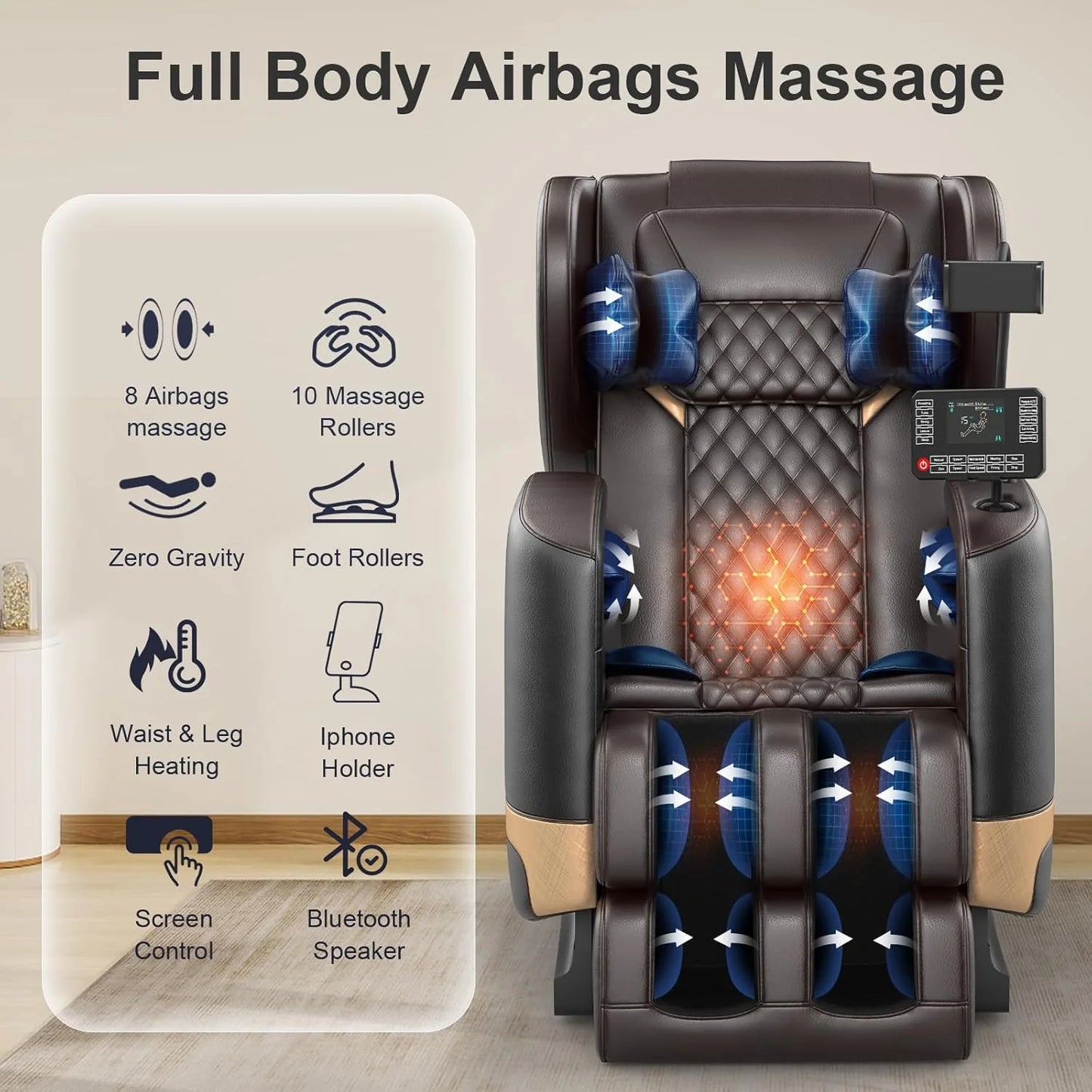 2025 Massage Chair Full Body, Zero Gravity Massage Chair with 10 Fix Rollers, Heating, Foot Massage, Auto Modes, Bluetooth Speaker, Touch Screen Controller (Black & Brown)