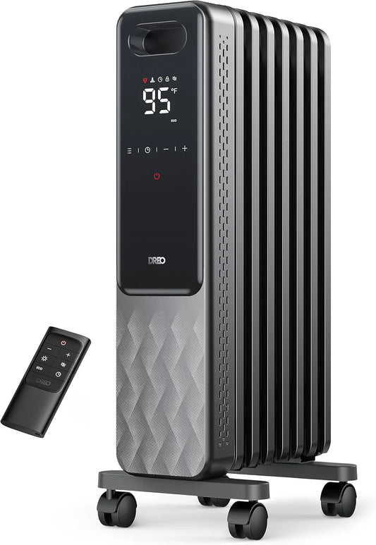Indoor electric radiant heater with overheat and tip-over protection, digital thermostat, oil-filled radiator