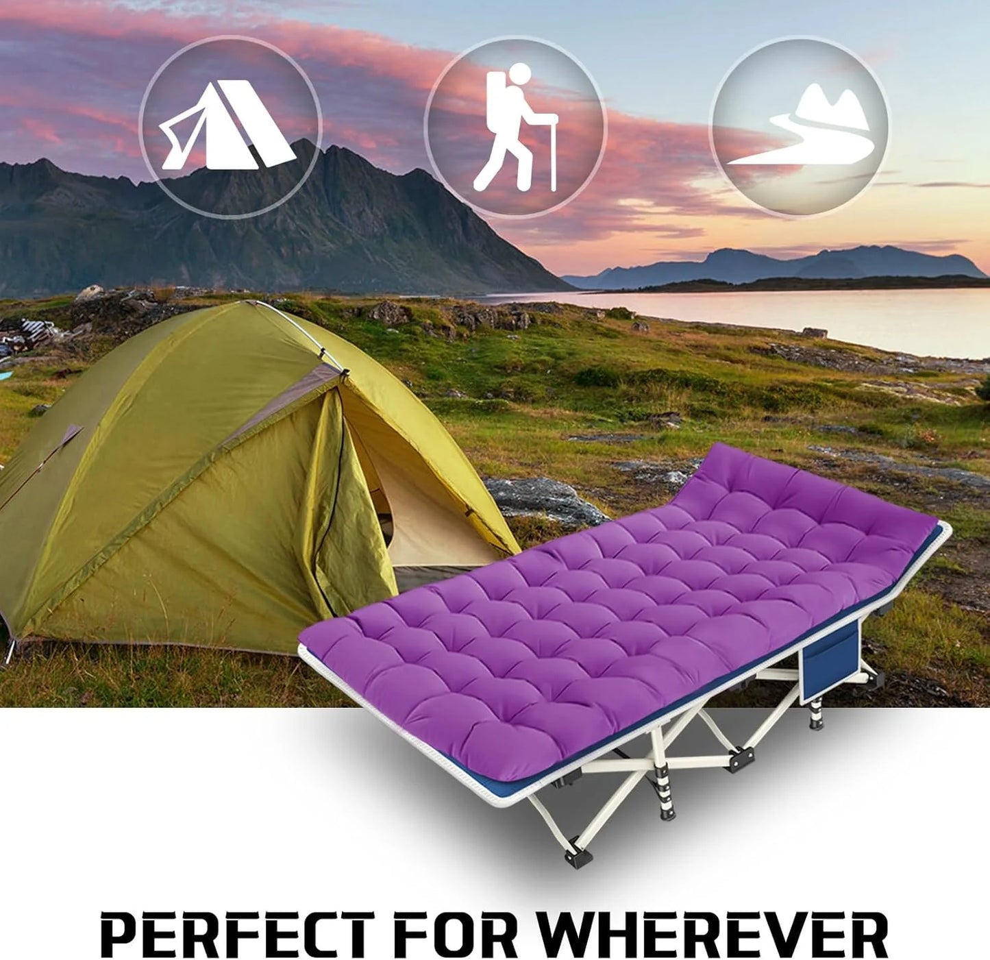 2-pack camping cots with mattresses, comfortable sleeping beds, adult camping cots, 2-person folding beds, heavy-duty sleeping beds