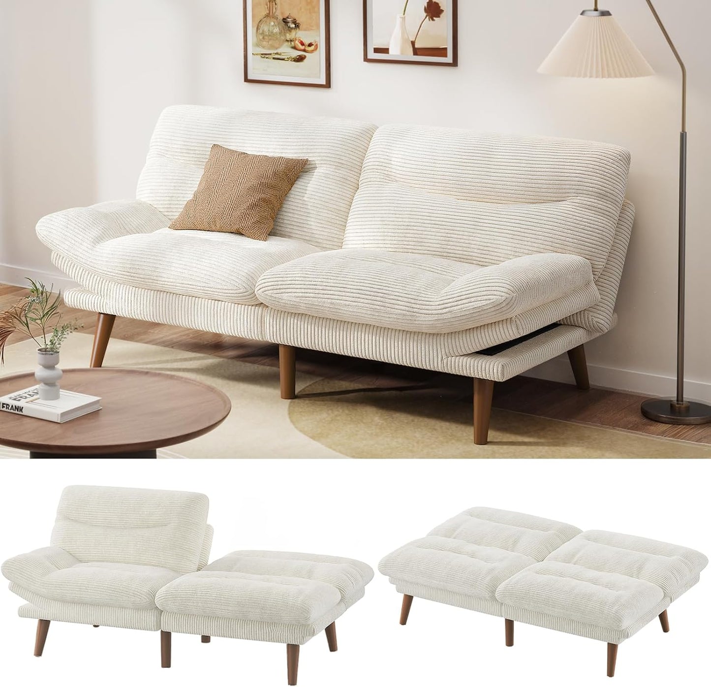 Convertible Futon Sofa Bed, 66 Inch Corduroy Futon Sofa Recliner Sofa Bed for Small Spaces, Playrooms or Offices