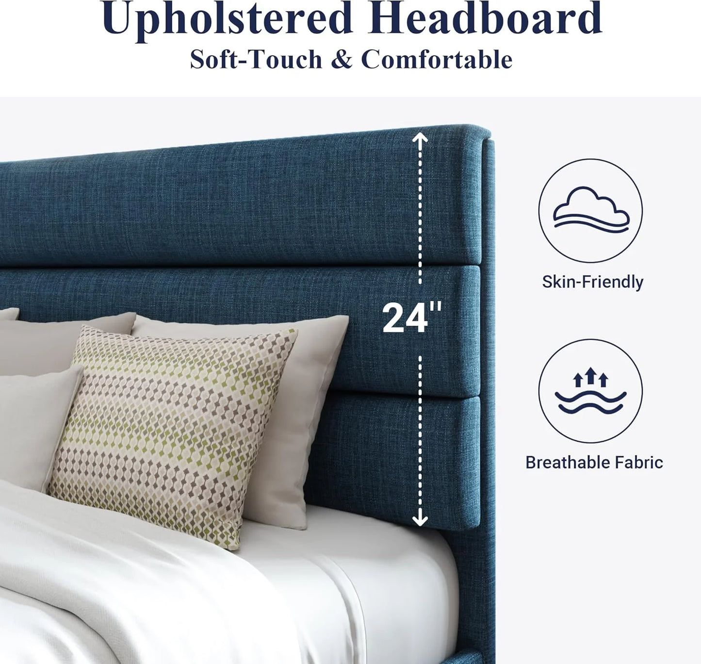 Allewie King size platform bed frame with velvet upholstered headboard and planks