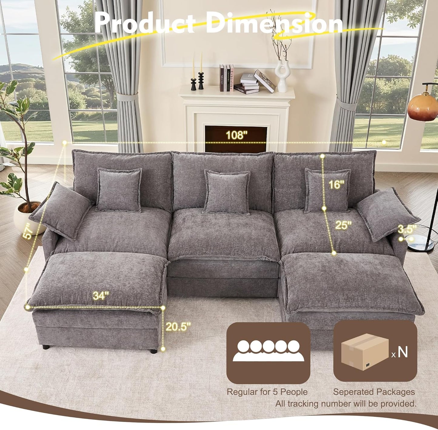 108 Inch U Shape Sofa, Sectional Sofa, Comfortable Cloud Sofa with Removable Footstool, Living Room Deep Seat Sofa, Linen, Beige
