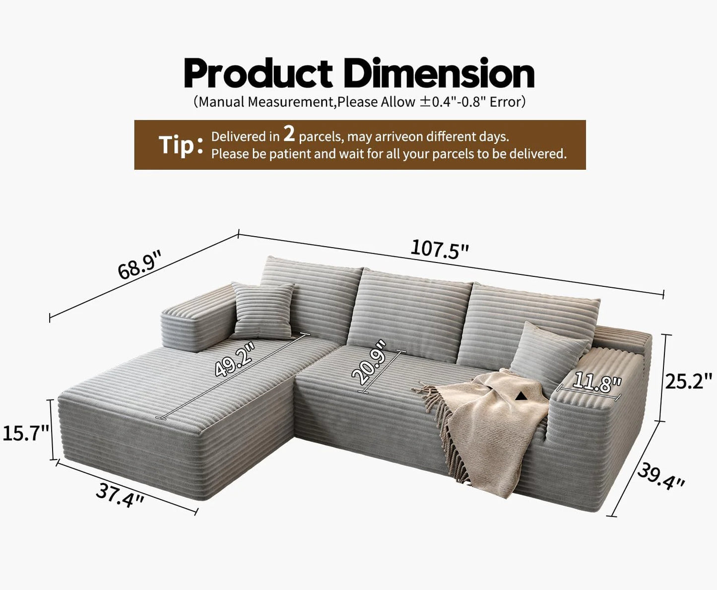107.5" Cloud Modular Sectional Sofa Couch with L-Shape Chaise,Modern Minimalist Upholstered Couches