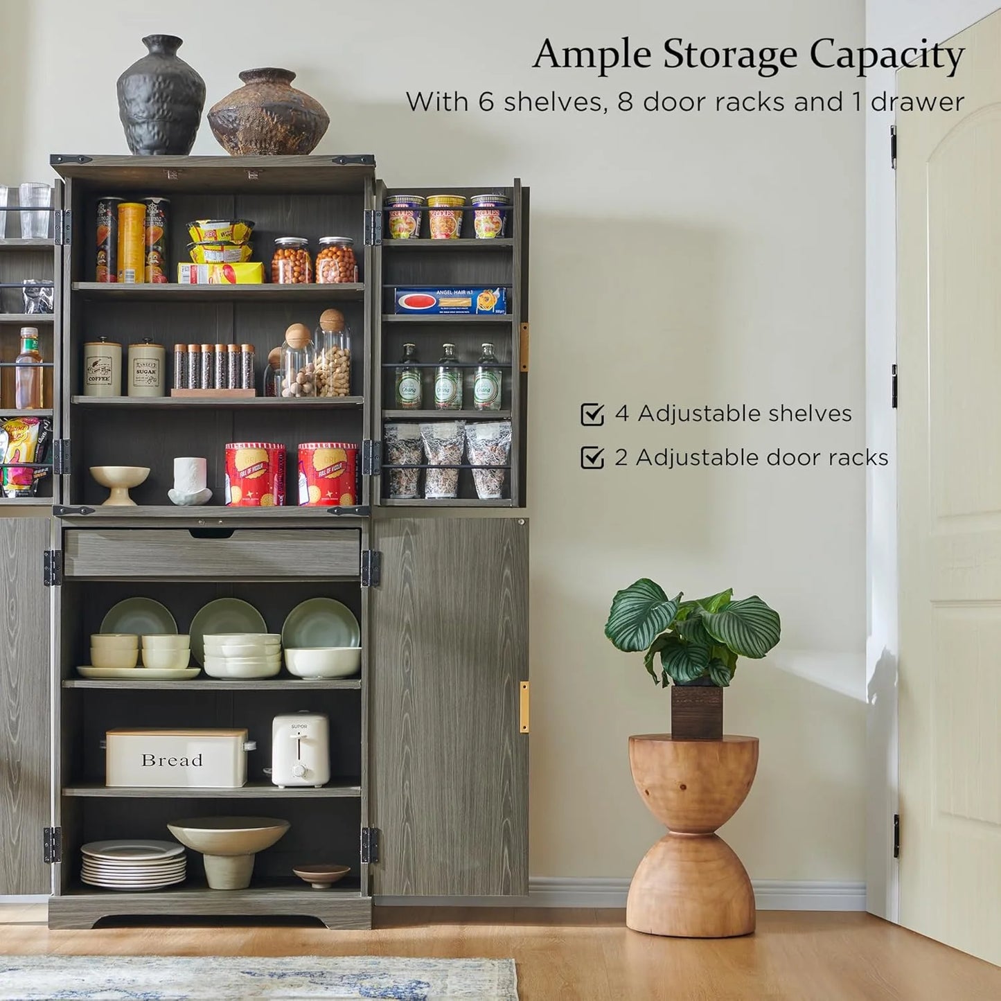 Fluted Pantry Cabinet, 72" Tall Modern Storage Cabinet with 4 Doors, Organizer, Drawer and Adjustable Shelves, Wood Cupboard