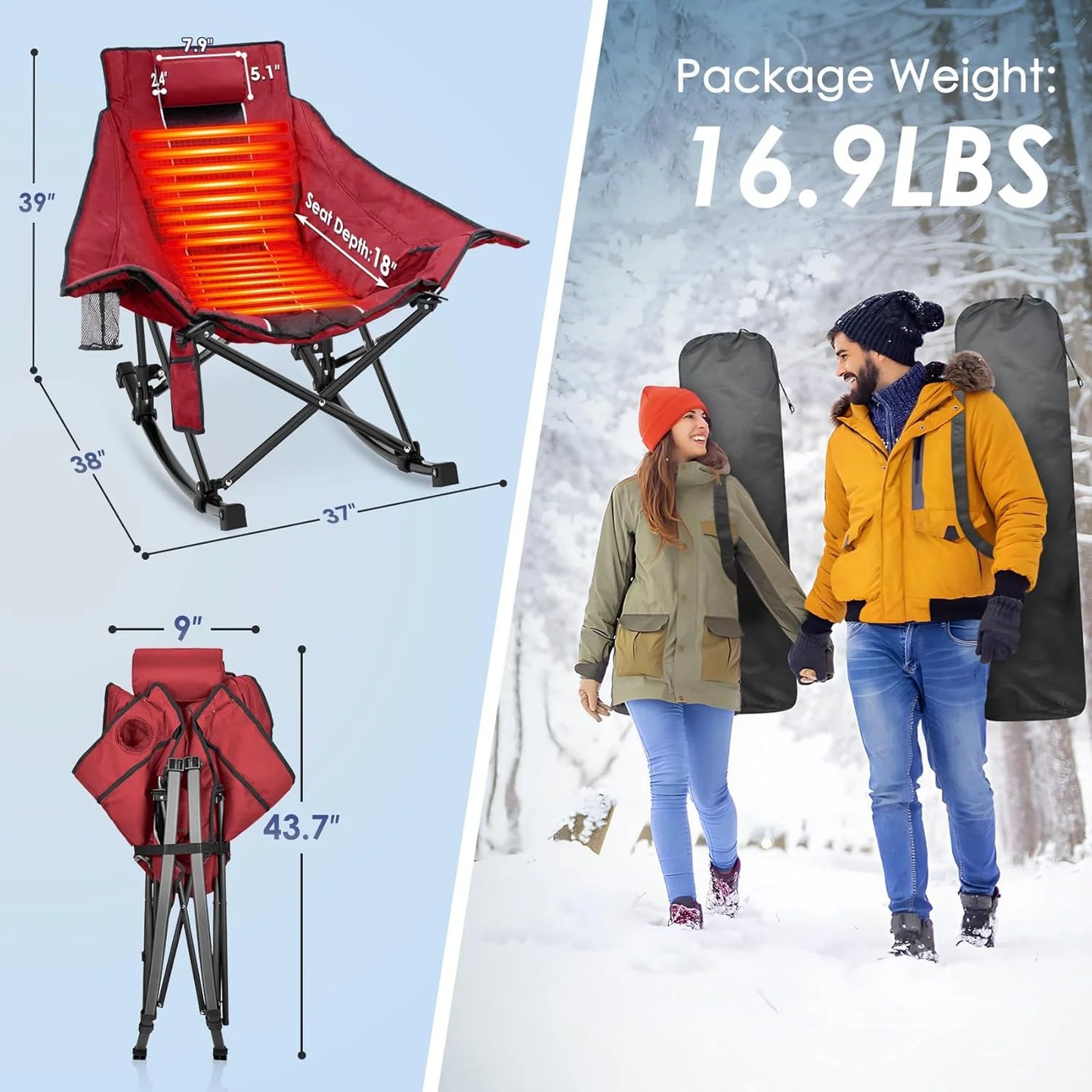 Heated Camping Chair, Extra Large Heated Chair Outdoor Sports Chair with 3 Heat Levels on Back and Seat, Portable Folding Heated Outdoor Chair (Batteries Not Included)
