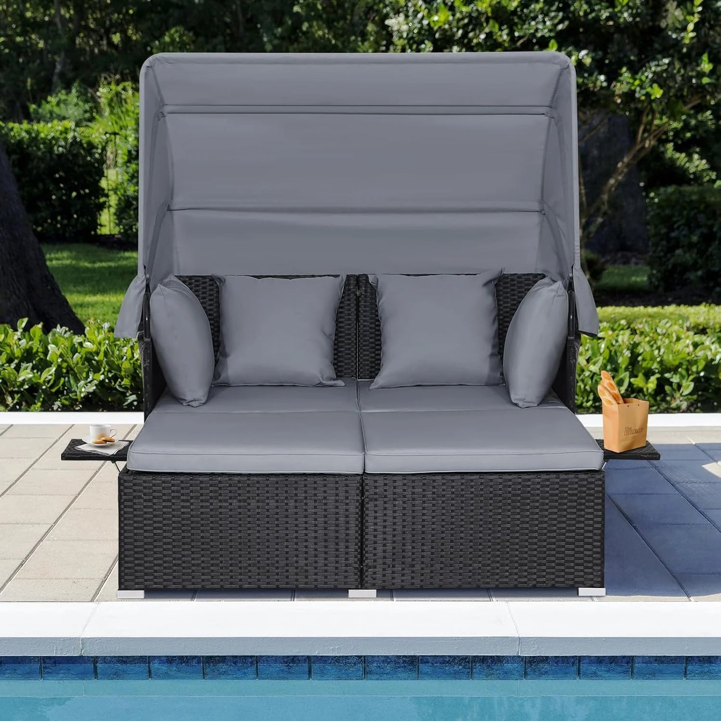 RELAX4LIFE Patio Outdoor Daybed with Canopy, Wicker Sunbed w/Cushions, 4 Pillows & 2 Retractable Side Trays, 2-Person Lounge Bed Conversation for Poolside Porch Garden, Rattan Outdoor Bed (Turquoise)